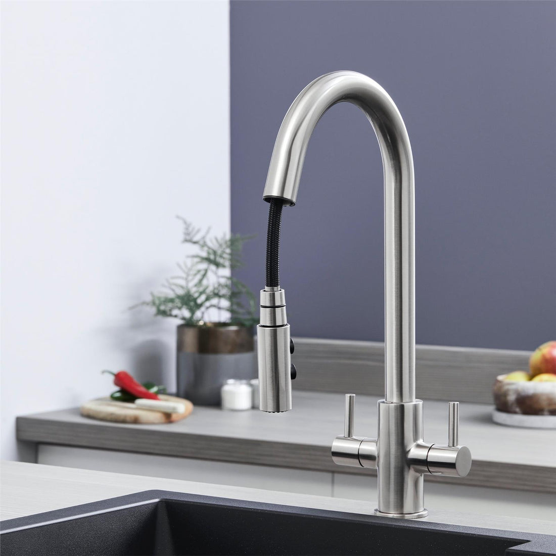 Liquida W04BN Twin Lever Brushed Nickel Kitchen Mixer Tap With Pull Out Spray
