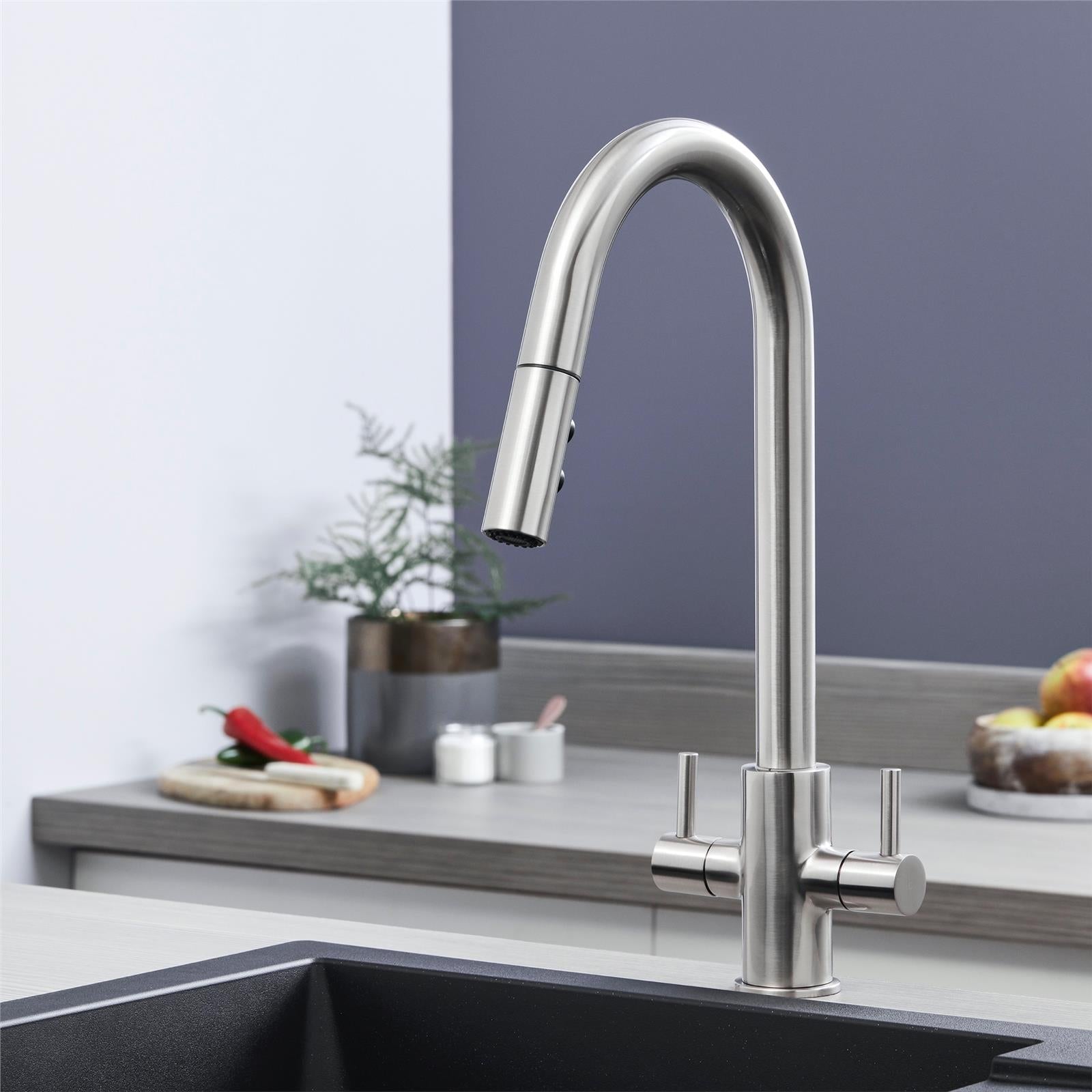 Liquida W04BN Twin Lever Brushed Nickel Kitchen Mixer Tap With Pull Out Spray