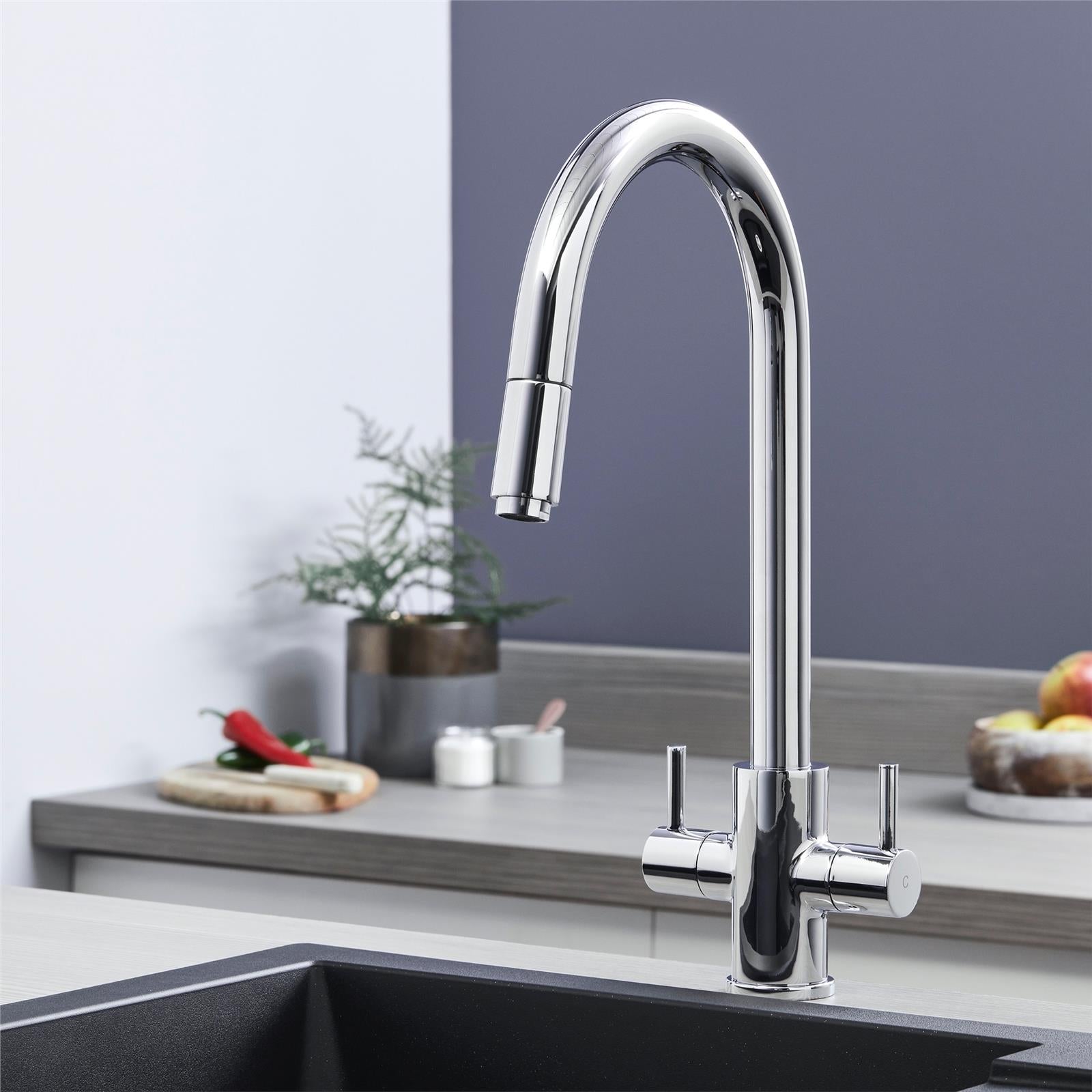 W04CH Twin Lever Chrome Kitchen Sink Mixer Tap With Pull Out Spray