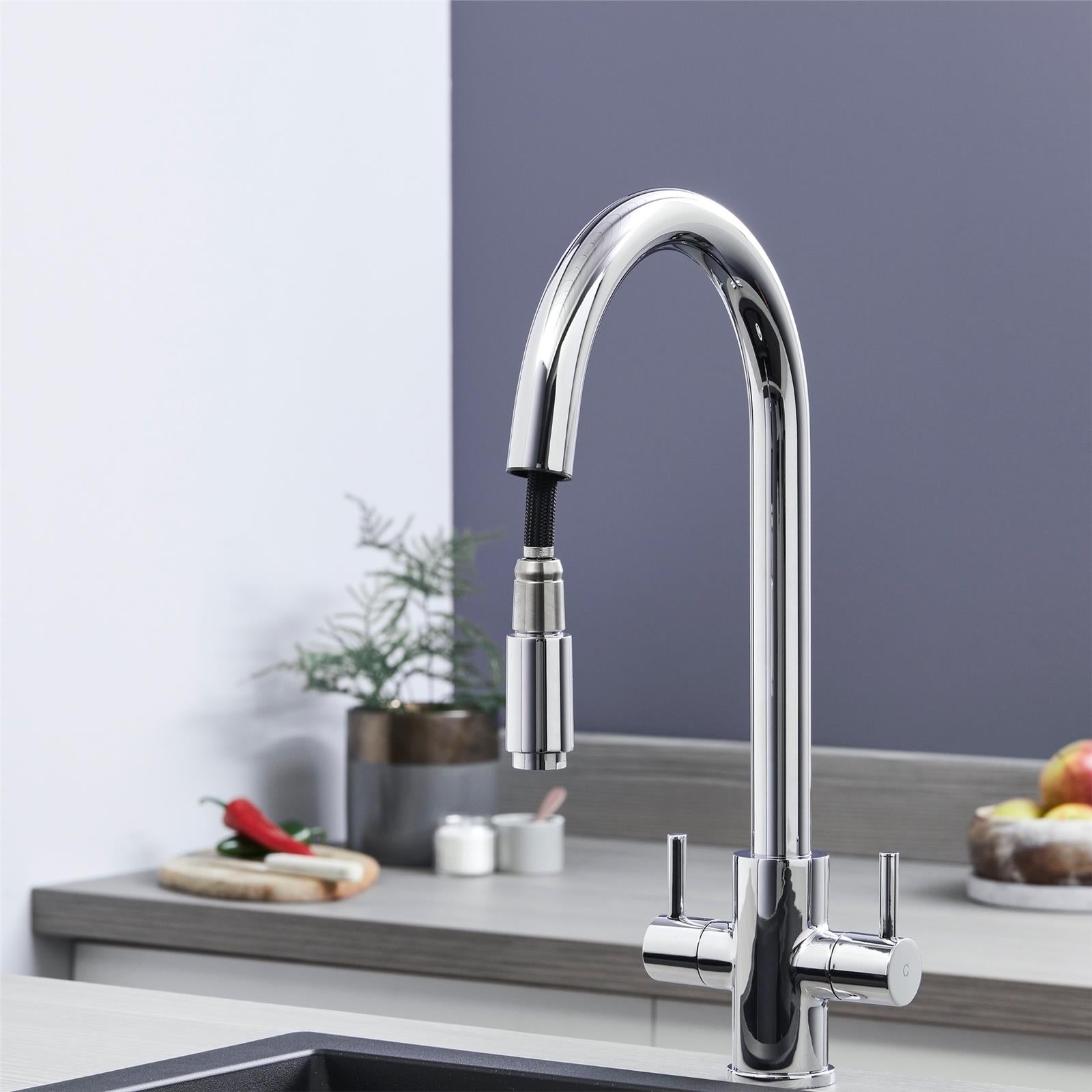 W04CH Twin Lever Kitchen Sink Mixer Tap With Pull Out Spray In Chrome