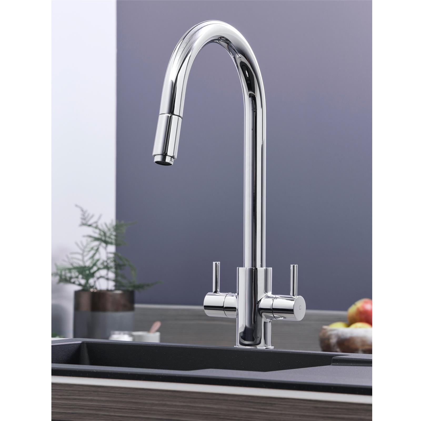 W04CH Twin Lever Kitchen Sink Mixer Tap With Pull Out Spray In Chrome