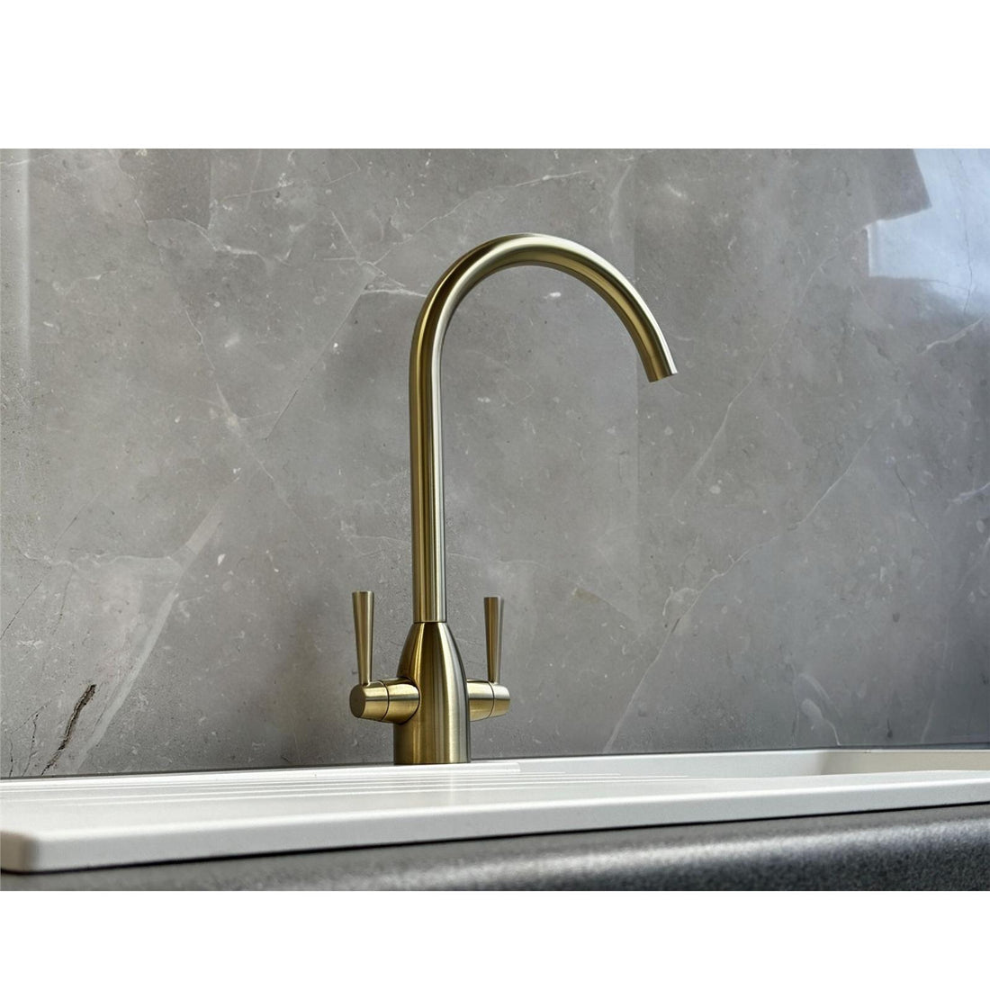 Liquida W05BG Brushed Gold Swan Neck Monobloc Twin Lever Kitchen Mixer Tap