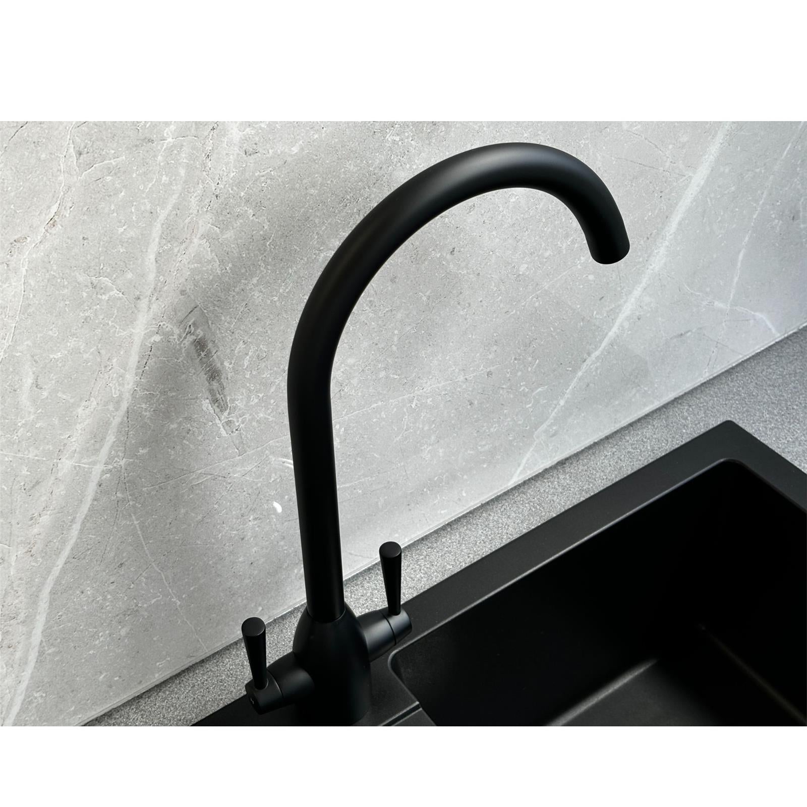 Liquida W05BL Swan Neck Swivel Spout Monobloc Twin Lever Black Kitchen Mixer Tap