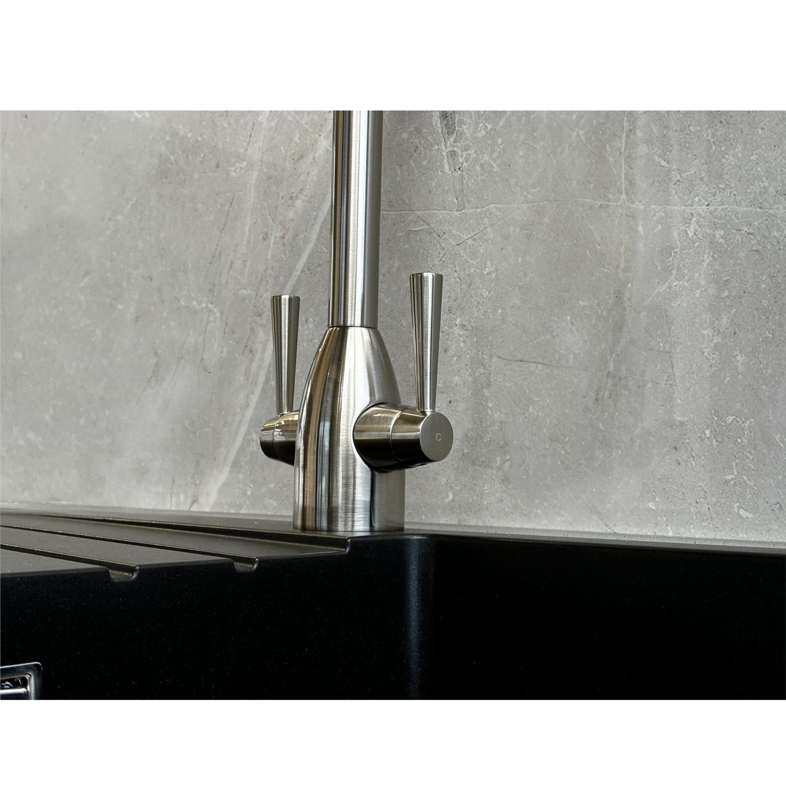 Liquida W05BN Swan Neck Monobloc Twin Lever Brushed Nickel Kitchen Mixer Tap