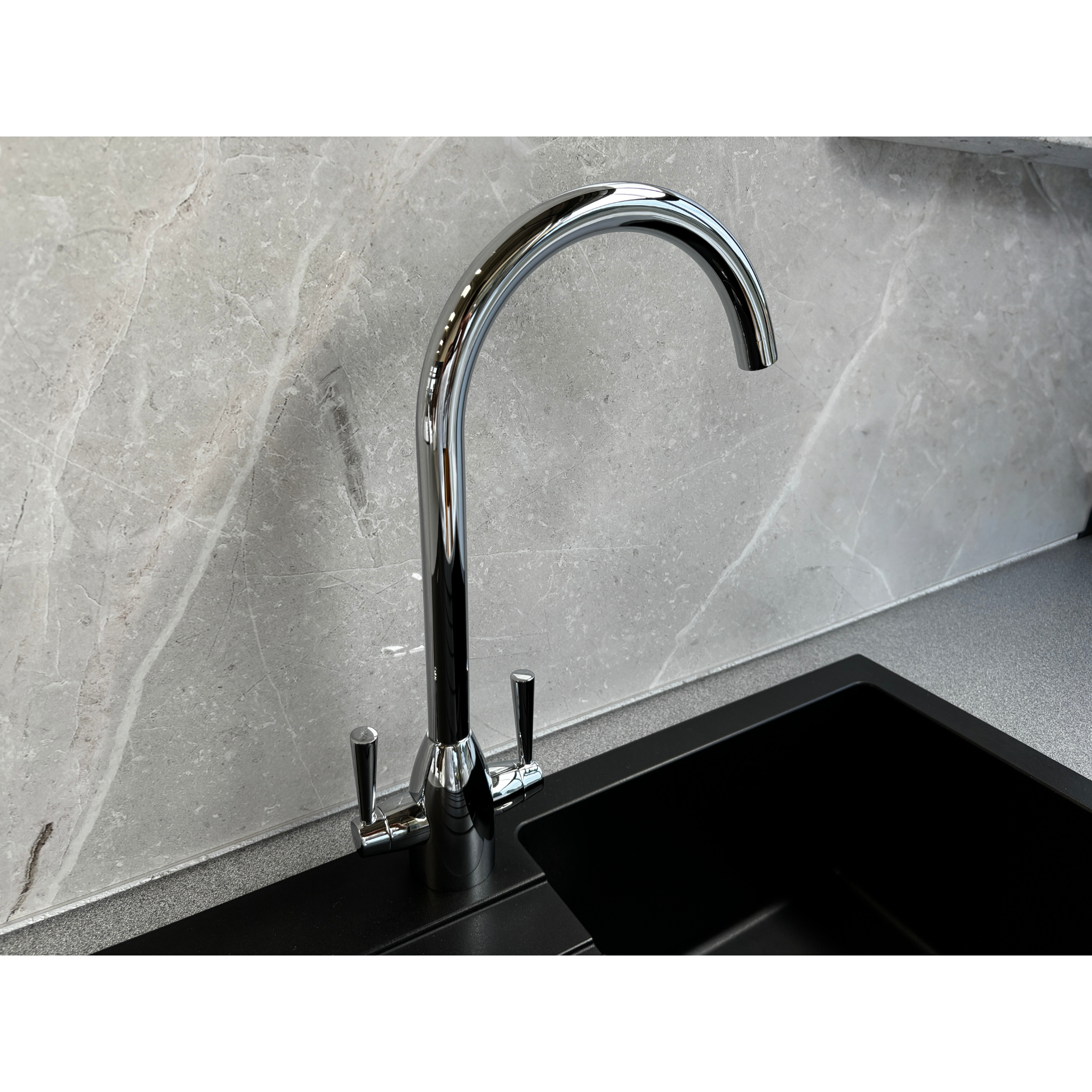 Liquida W05CH Chrome Swan Neck Twin Lever Swivel Spout Kitchen Mixer Tap