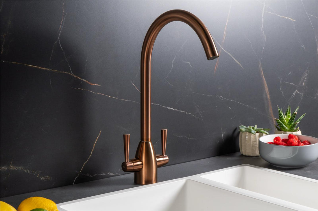 Liquida W05CP Copper Swan Neck Swivel Spout Twin Lever Kitchen Mixer Tap