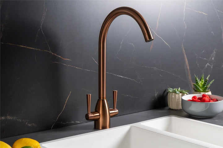 Liquida W05CP Copper Swan Neck Swivel Spout Twin Lever Kitchen Mixer Tap
