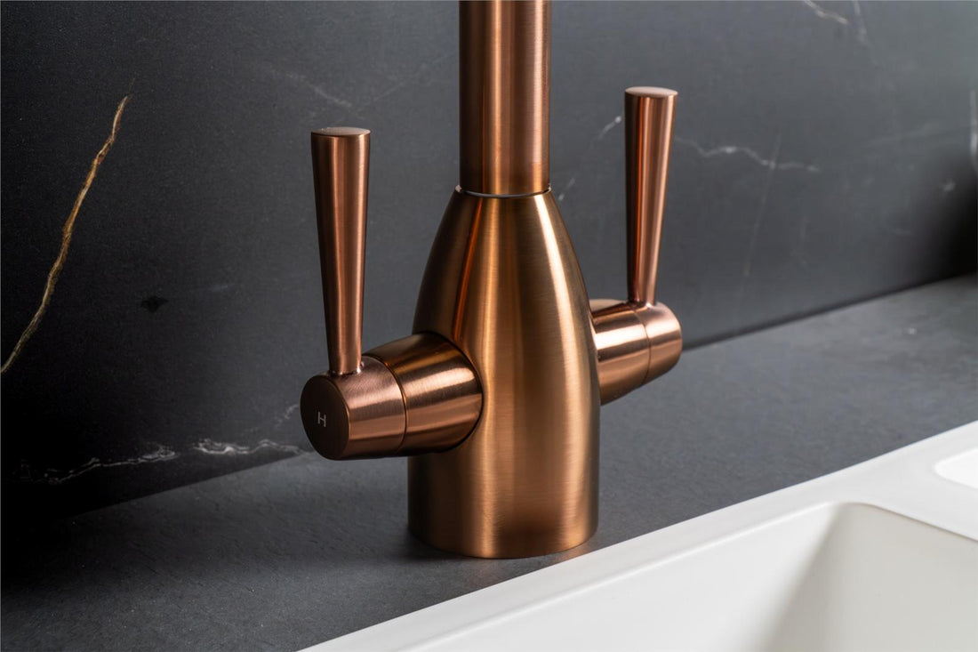 Liquida W05CP Copper Swan Neck Swivel Spout Twin Lever Kitchen Mixer Tap
