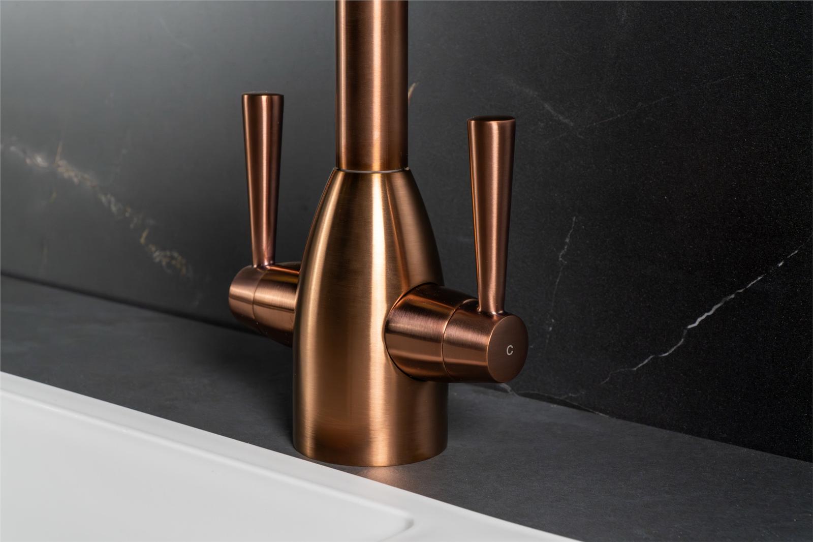 Liquida W05CP Copper Swan Neck Swivel Spout Twin Lever Kitchen Mixer Tap