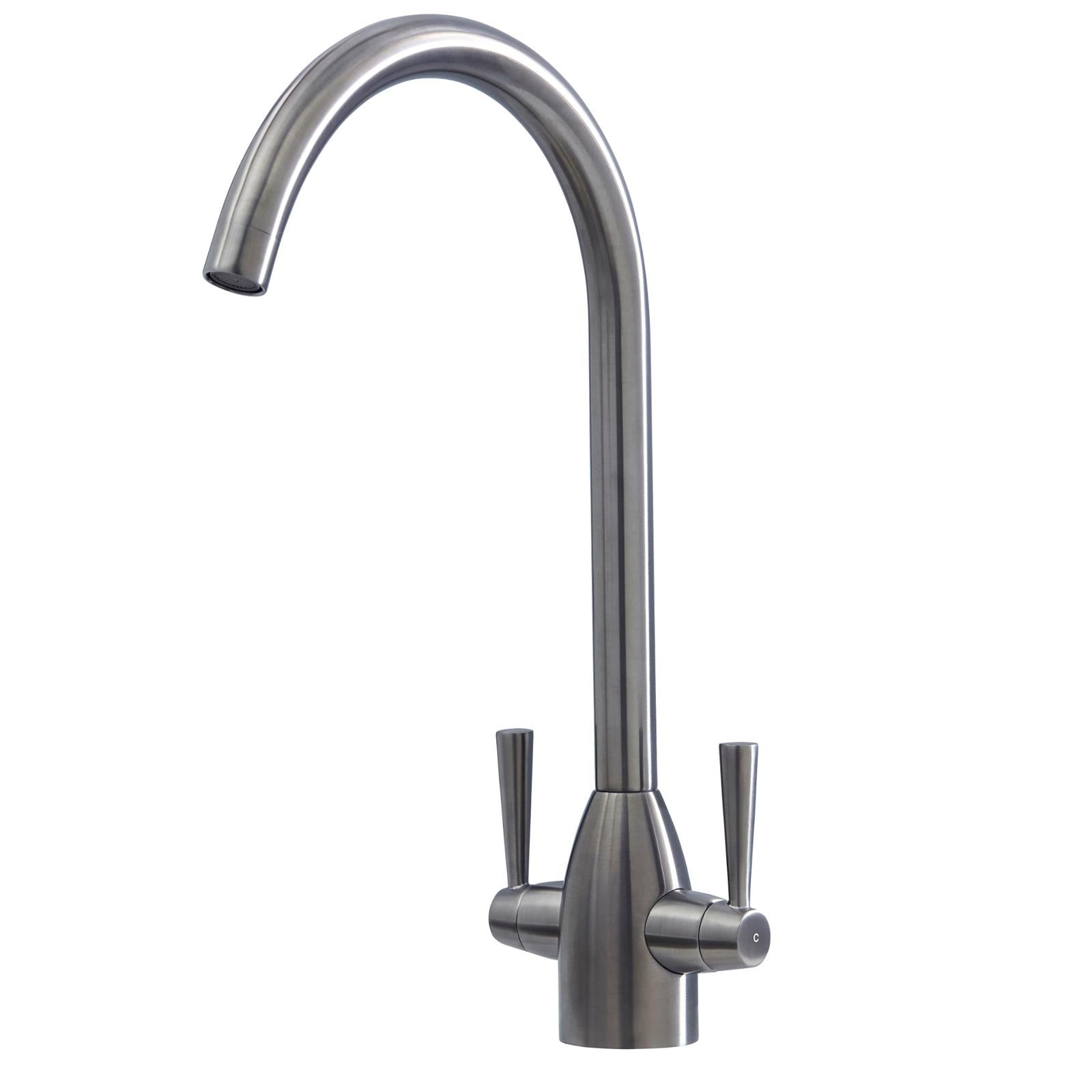 Liquida W05GM Gun Metal Grey Swan Neck Twin Lever Kitchen Mixer Tap - GRADED
