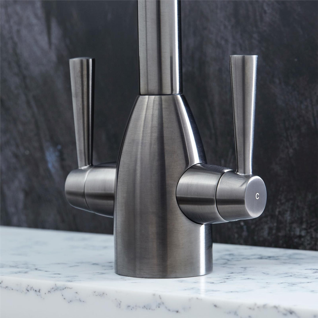 Liquida W05GM Gun Metal Grey Swan Neck Twin Lever Kitchen Mixer Tap - GRADED