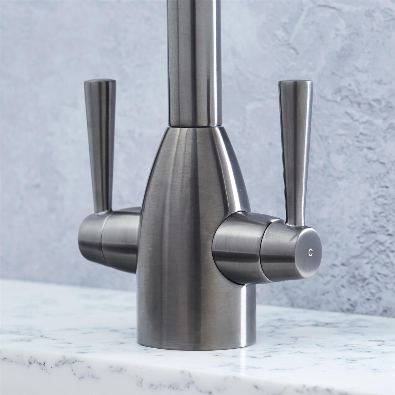 Liquida W05GM Gun Metal Grey Swan Neck Twin Lever Kitchen Mixer Tap - GRADED