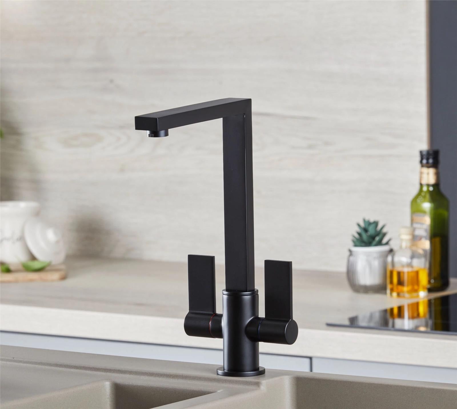 Liquida W17BL Twin Lever 360 Degree Swivel Spout Black Kitchen Mixer Tap