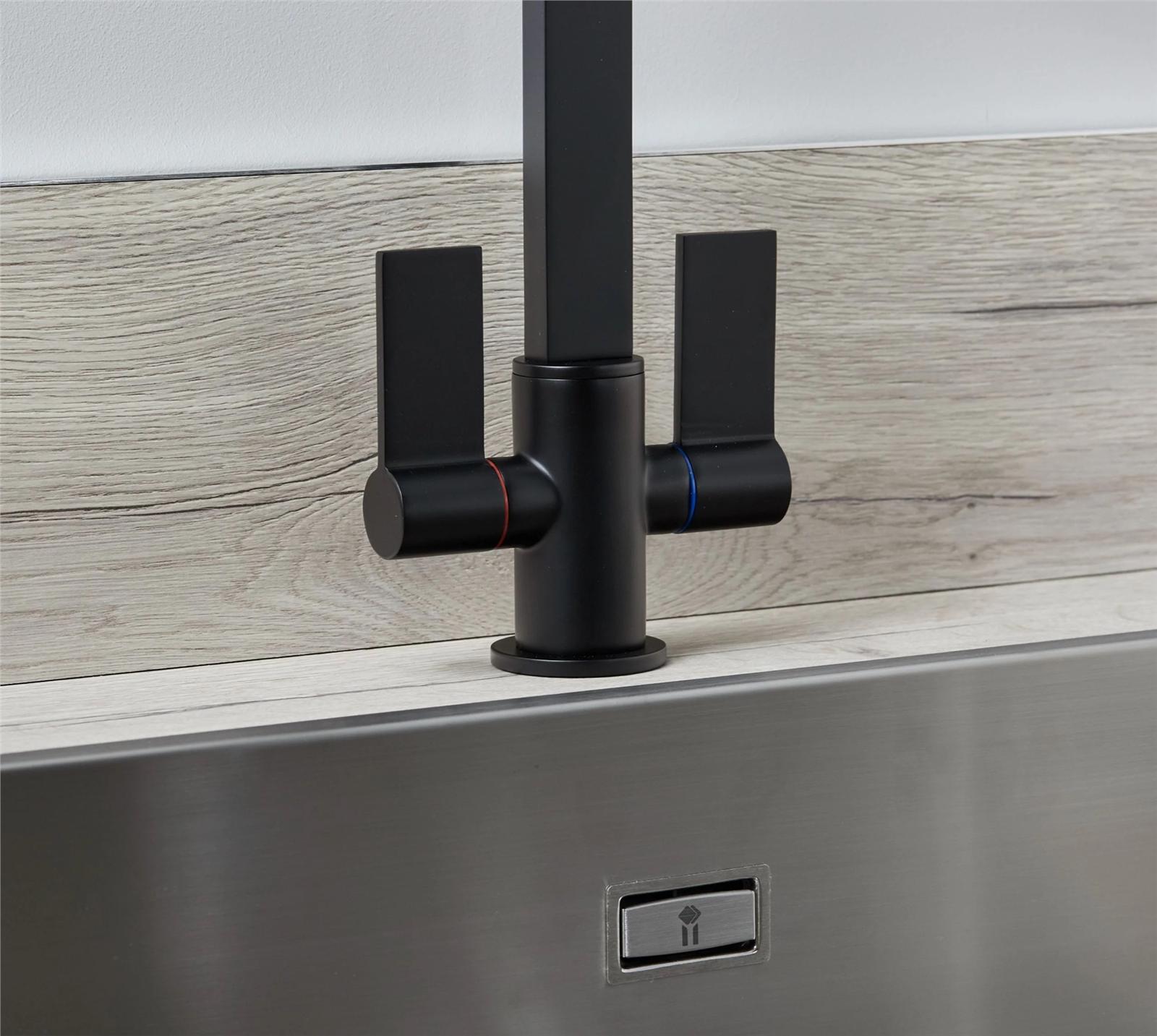 Liquida W17BL Twin Lever 360 Degree Swivel Spout Black Kitchen Mixer Tap