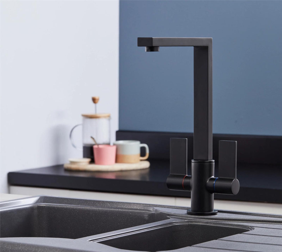 Liquida W17BL Twin Lever 360 Degree Swivel Spout Black Kitchen Mixer Tap