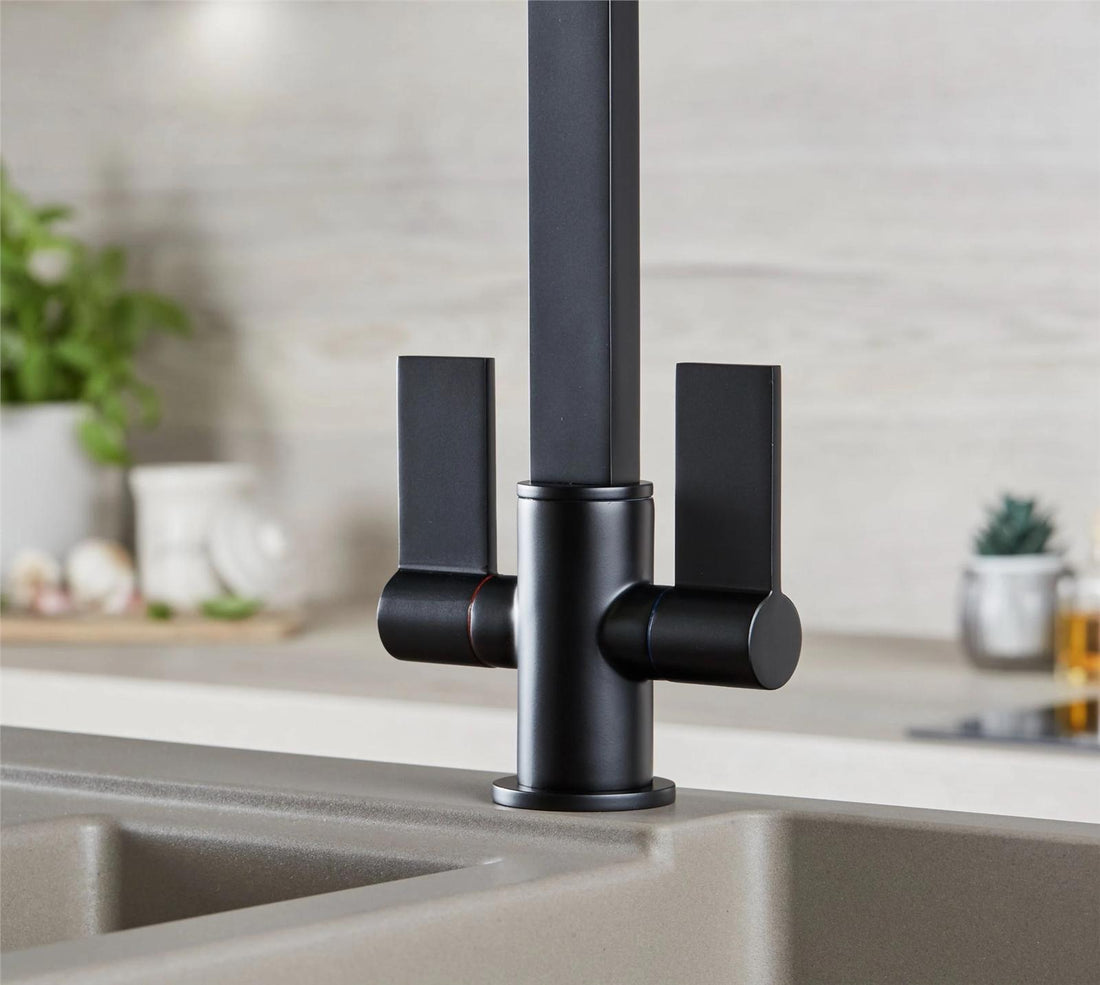 Liquida W17BL Twin Lever 360 Degree Swivel Spout Black Kitchen Mixer Tap
