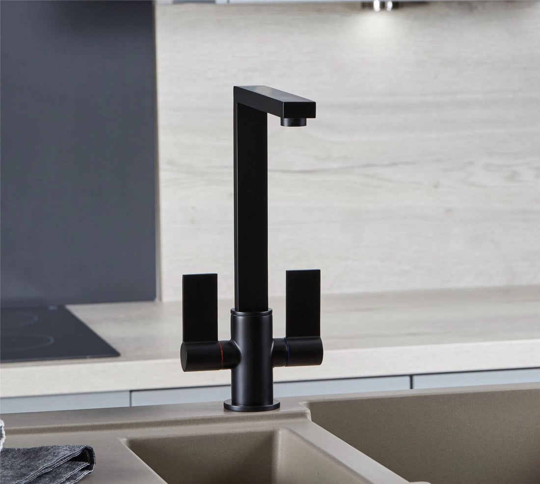 Liquida W17BL Twin Lever 360 Degree Swivel Spout Black Kitchen Mixer Tap