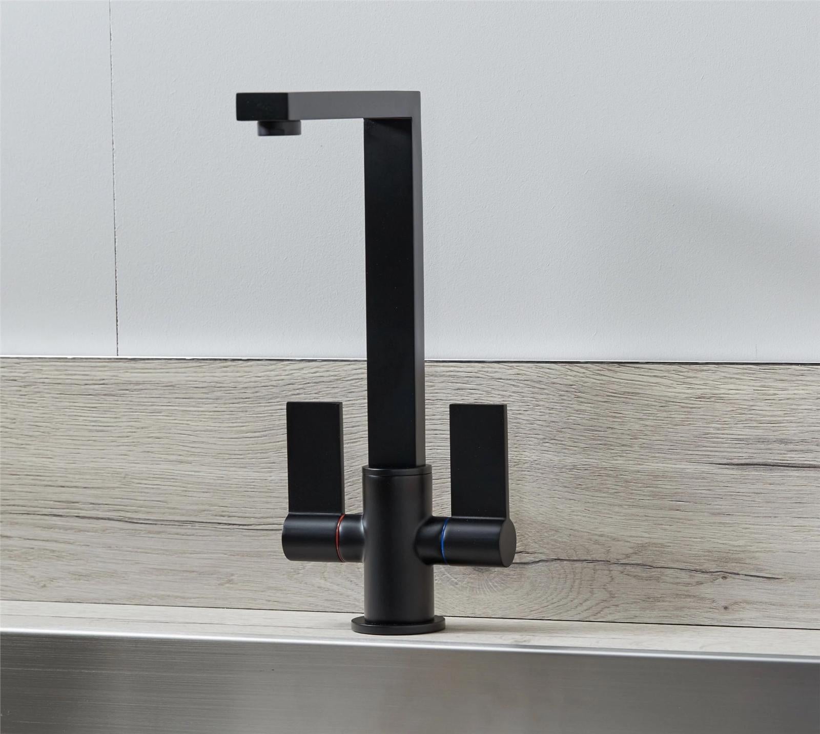 Liquida W17BL Twin Lever 360 Degree Swivel Spout Black Kitchen Mixer Tap