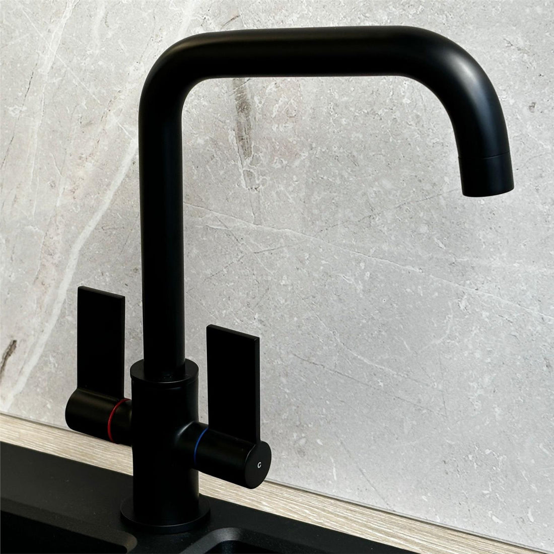 Liquida W18BL Black Twin Lever D Shape 360 Swivel Spout Kitchen Mixer Tap