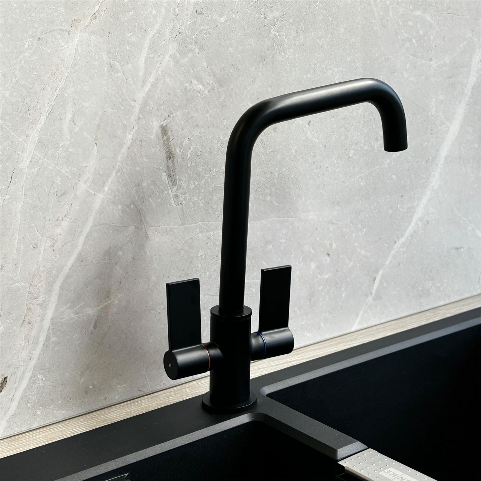 Liquida W18BL Black Twin Lever D Shape 360 Swivel Spout Kitchen Mixer Tap