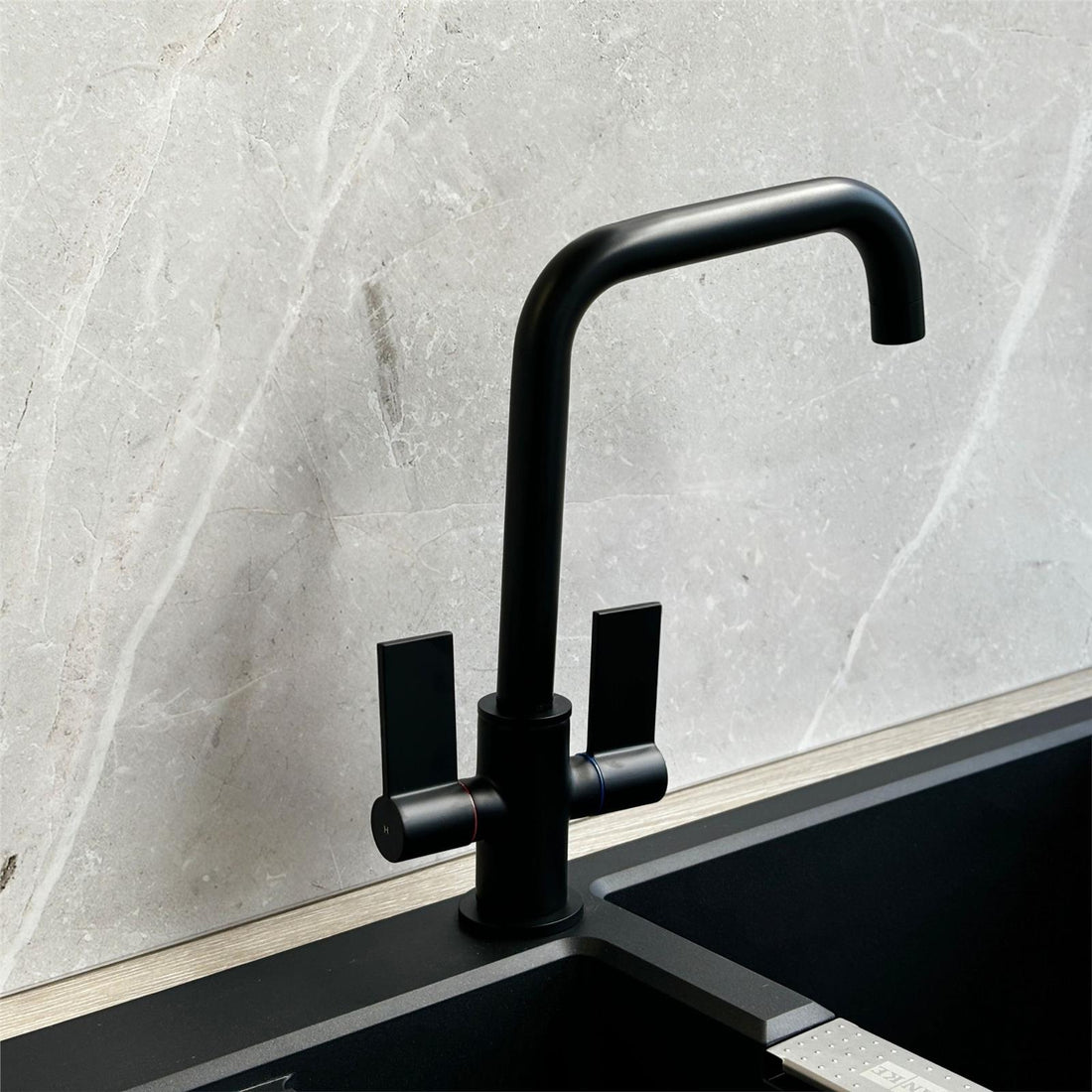 Liquida W18BL Black Twin Lever D Shape 360 Swivel Spout Kitchen Mixer Tap