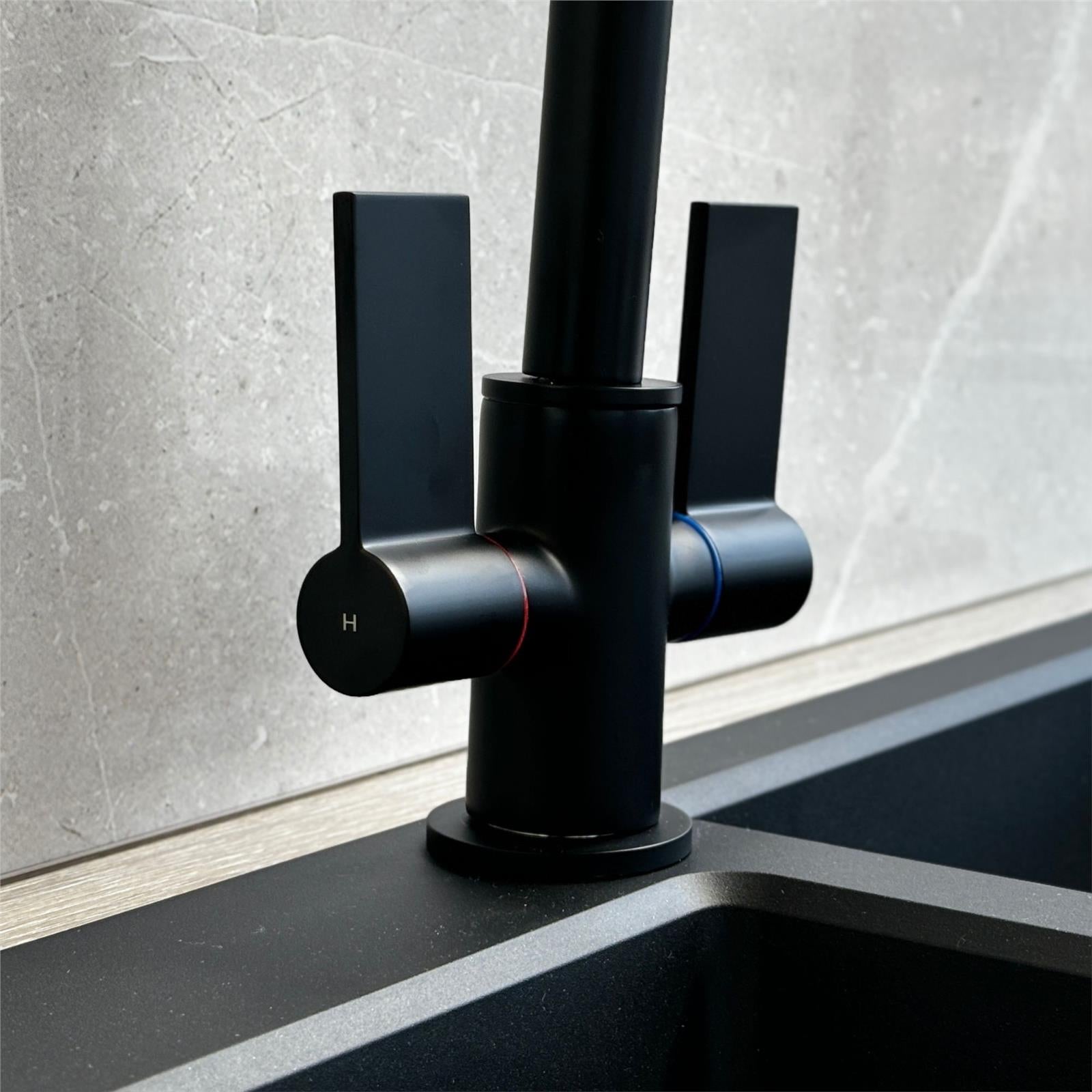 Liquida W18BL Black Twin Lever D Shape 360 Swivel Spout Kitchen Mixer Tap