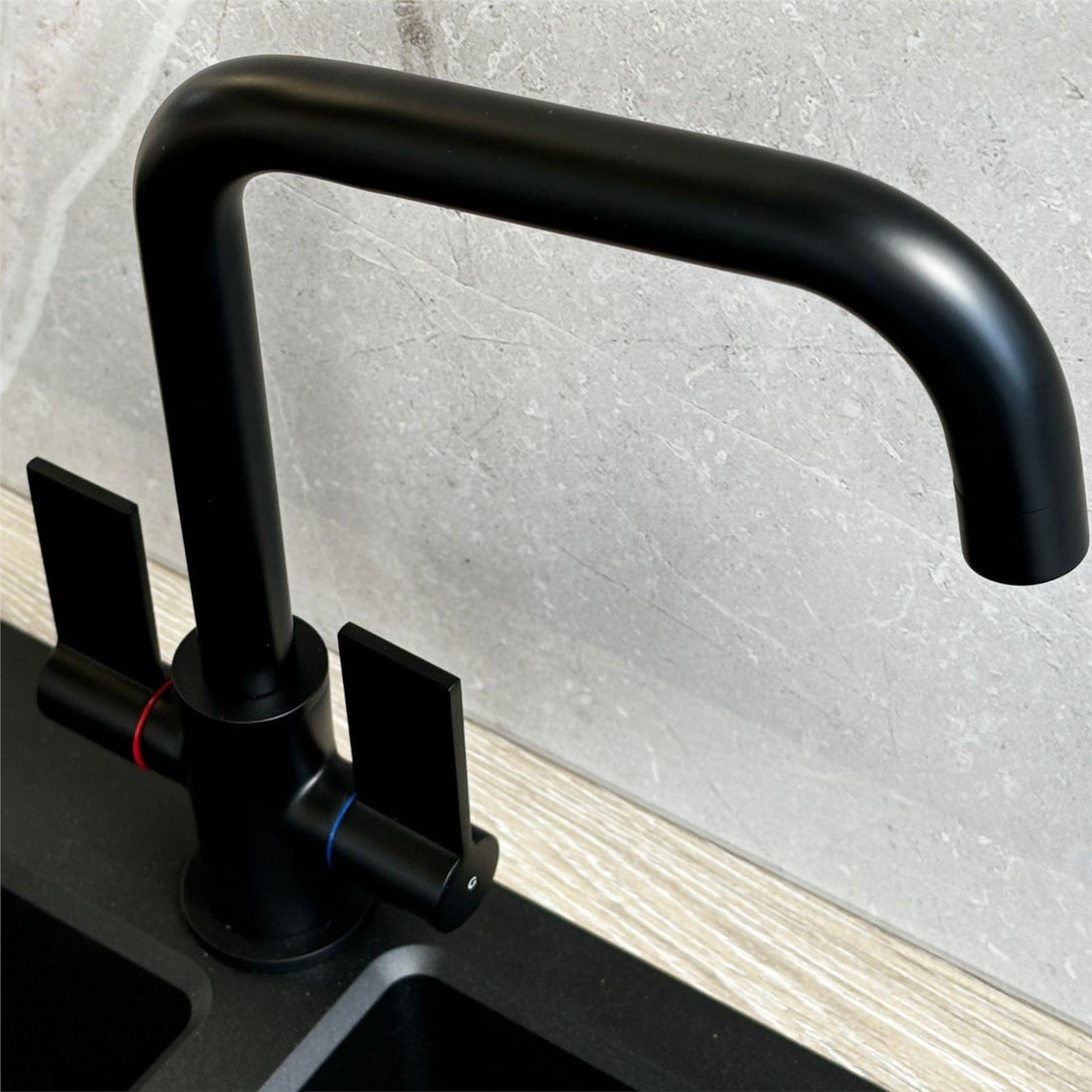 Liquida W18BL Black Twin Lever D Shape 360 Swivel Spout Kitchen Mixer Tap