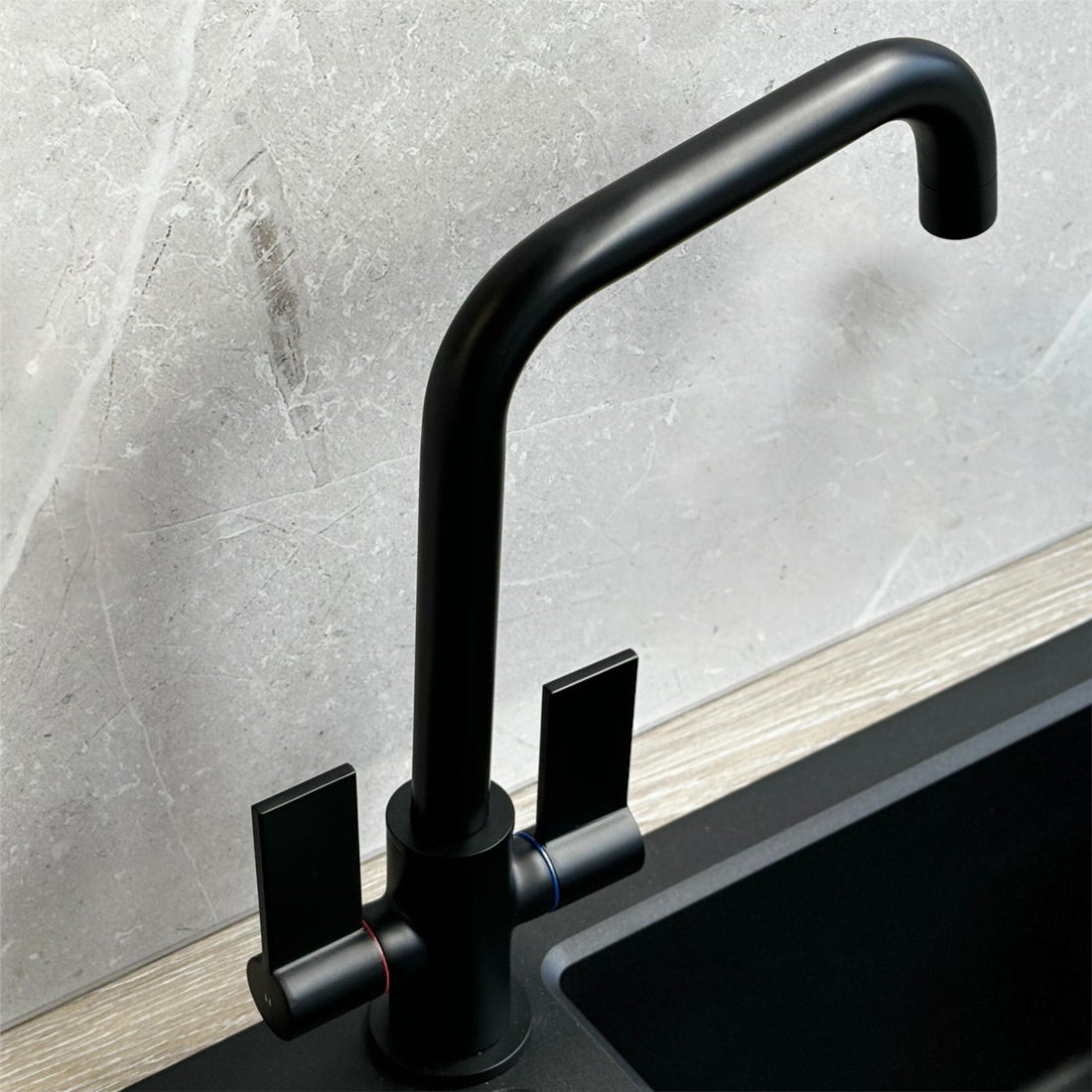 Liquida W18BL Black Twin Lever D Shape 360 Swivel Spout Kitchen Mixer Tap