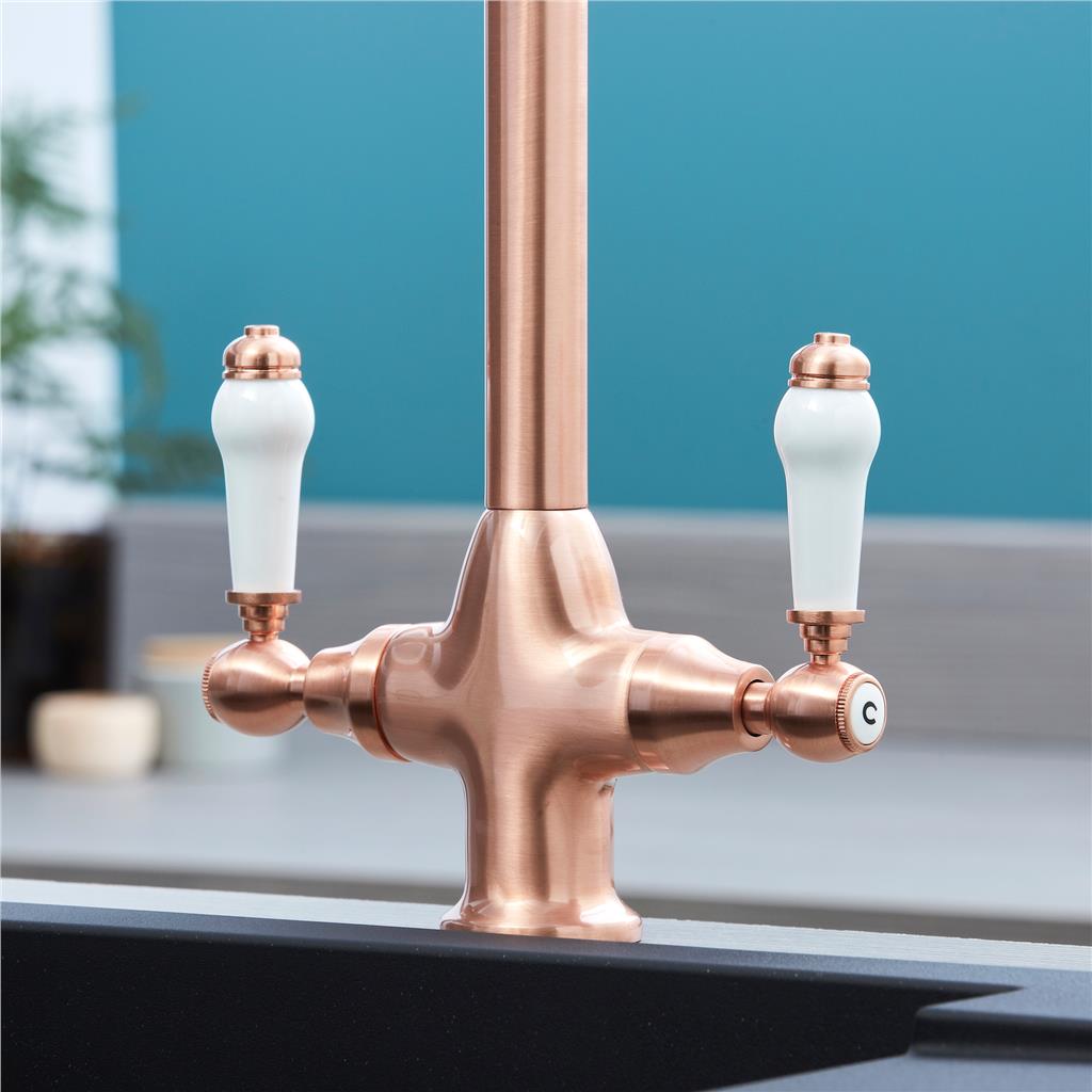 Liquida W22CP Traditional Swivel Spout Twin Lever Copper Kitchen Mixer Tap