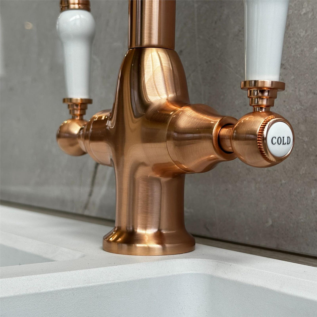 Liquida W22CP Traditional Swivel Spout Twin Lever Copper Kitchen Mixer Tap
