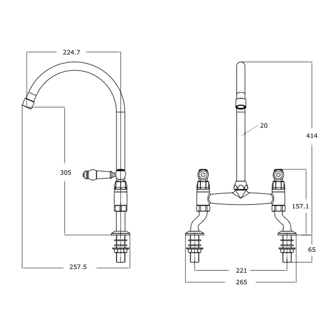 Liquida W23BN Brushed Nickel Traditional Two Hole Bridge Lever Kitchen Mixer Tap