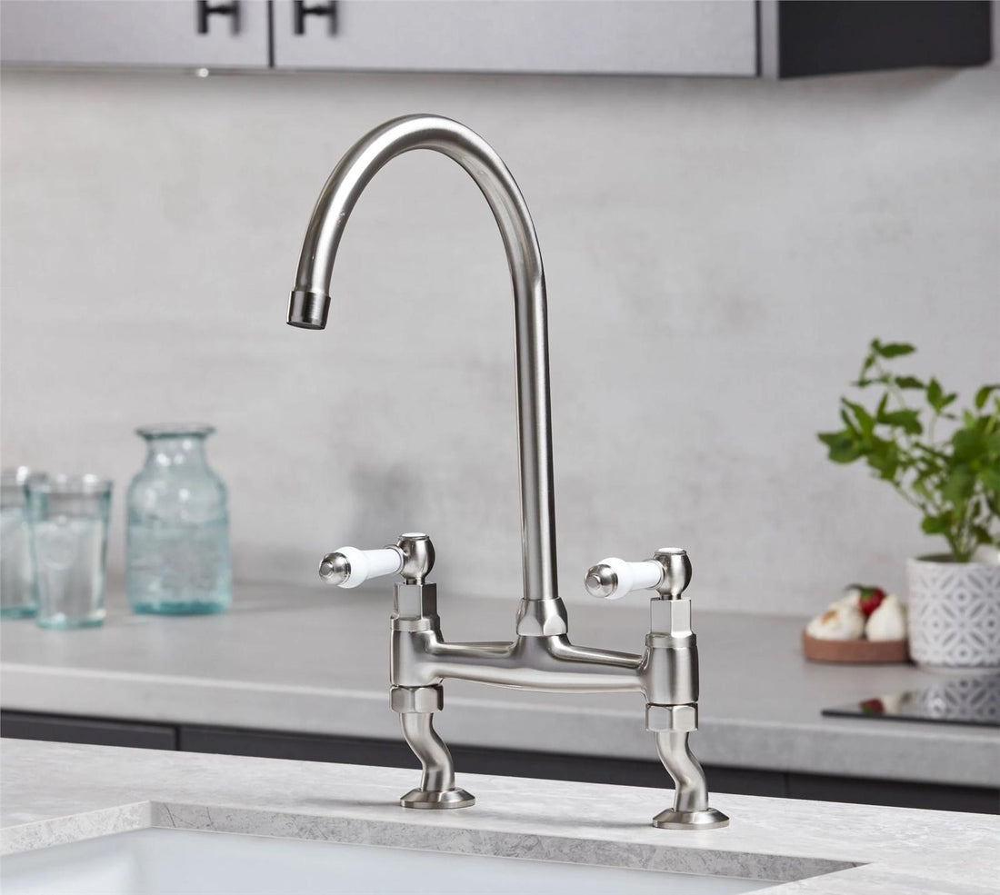 Liquida W23BN Brushed Nickel Traditional Two Hole Bridge Lever Kitchen Mixer Tap