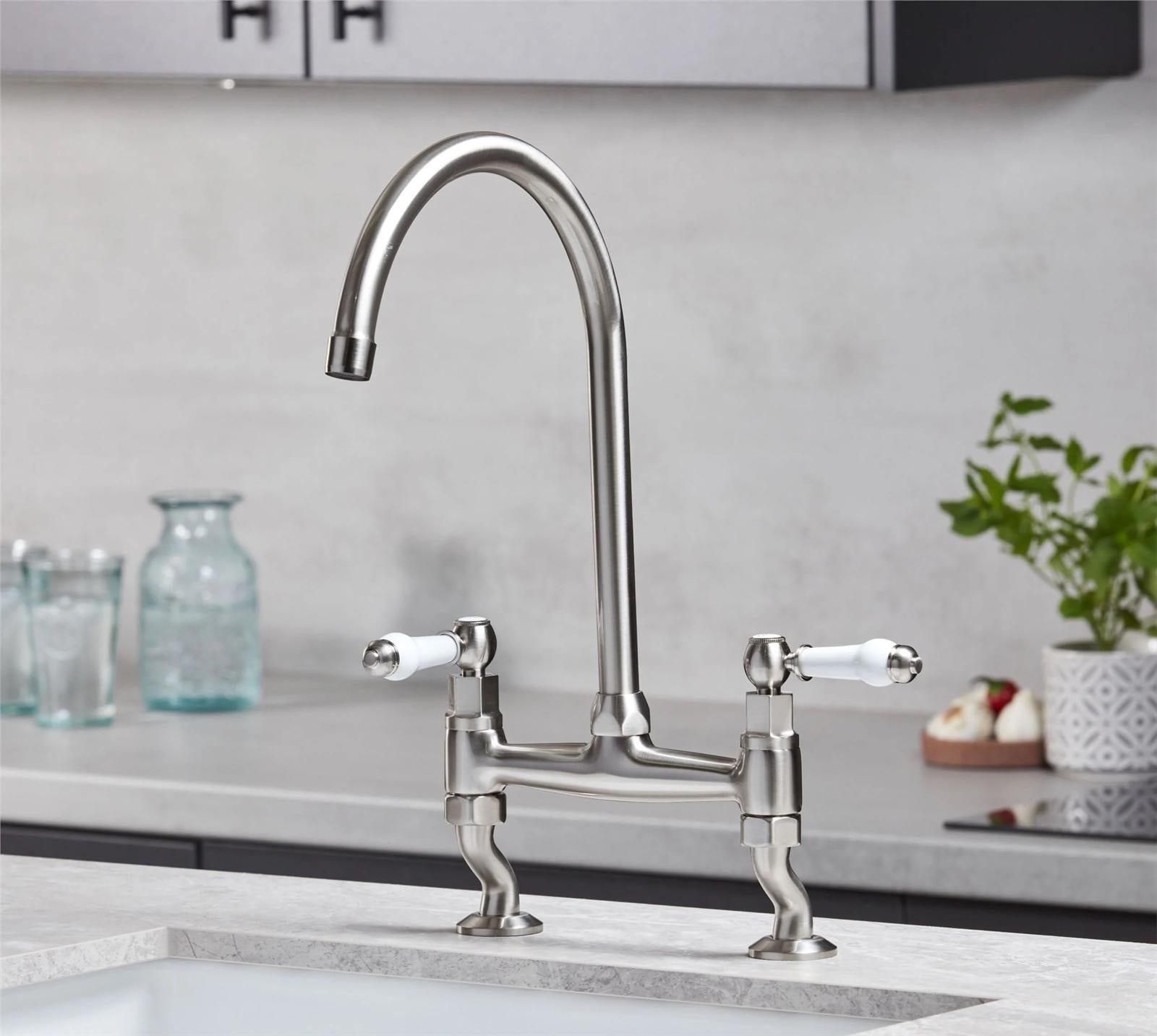 Liquida W23BN Brushed Nickel Traditional Two Hole Bridge Lever Kitchen Mixer Tap