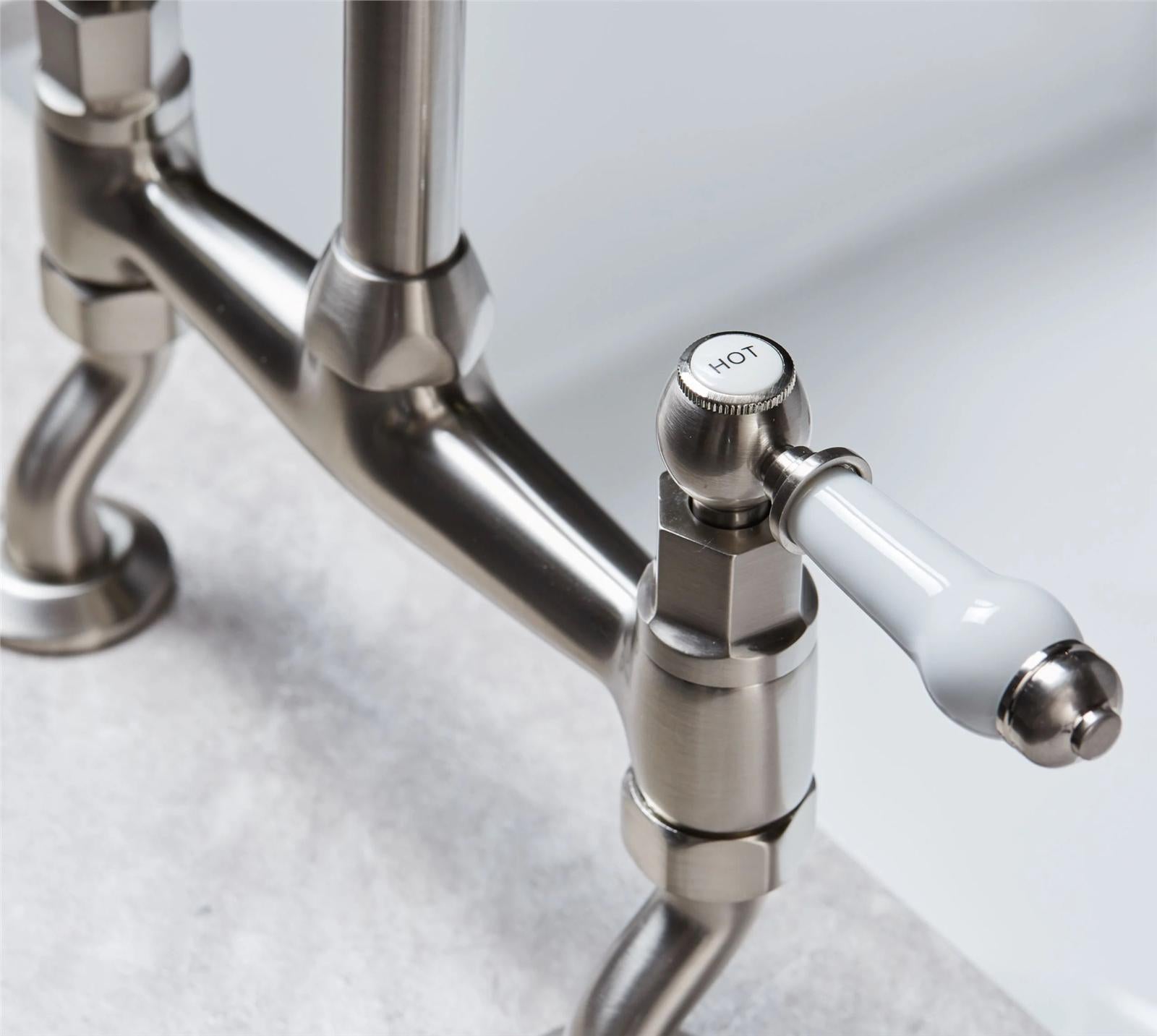 Liquida W23BN Brushed Nickel Traditional Two Hole Bridge Lever Kitchen Mixer Tap