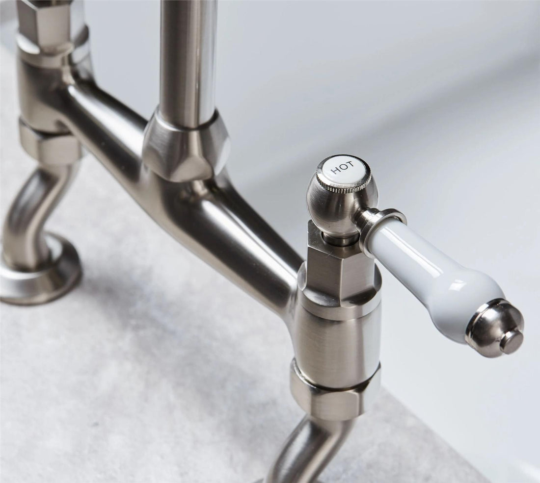 Liquida W23BN Brushed Nickel Traditional Two Hole Bridge Lever Kitchen Mixer Tap