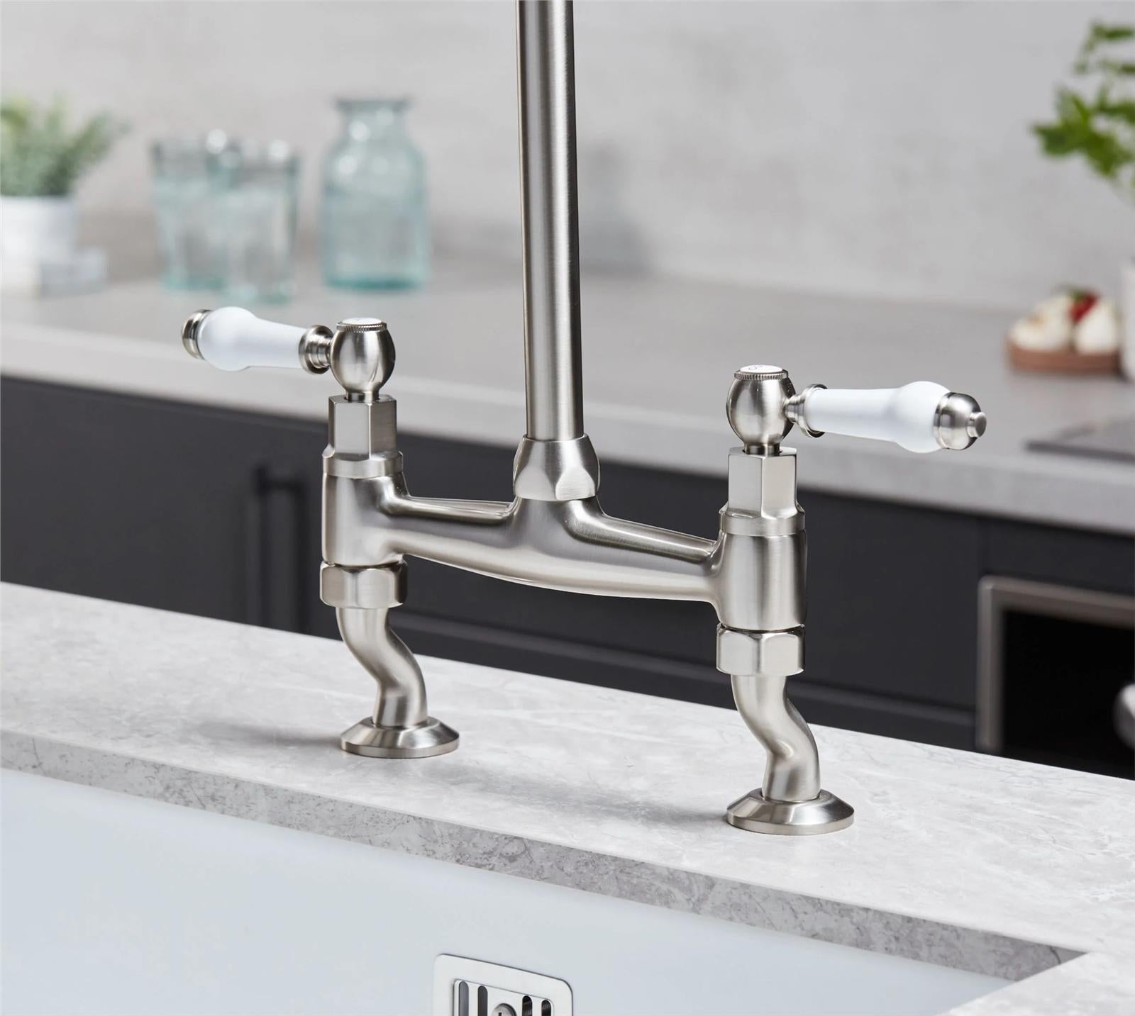 Liquida W23BN Brushed Nickel Traditional Two Hole Bridge Lever Kitchen Mixer Tap