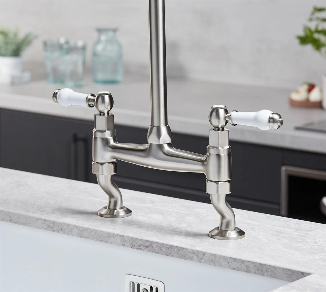 Liquida W23BN Brushed Nickel Traditional Two Hole Bridge Lever Kitchen Mixer Tap