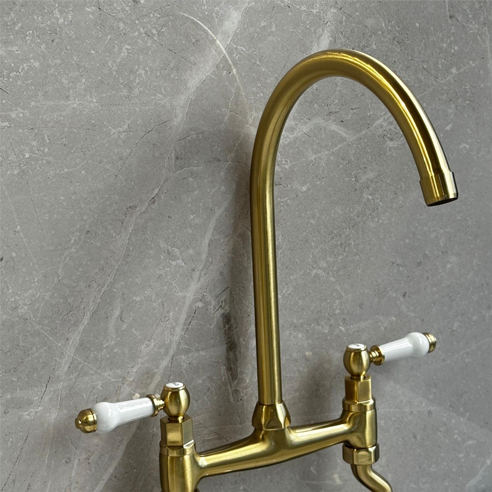 Liquida W23BR Traditional Two Hole Bridge Lever Brushed Brass Kitchen Mixer Tap