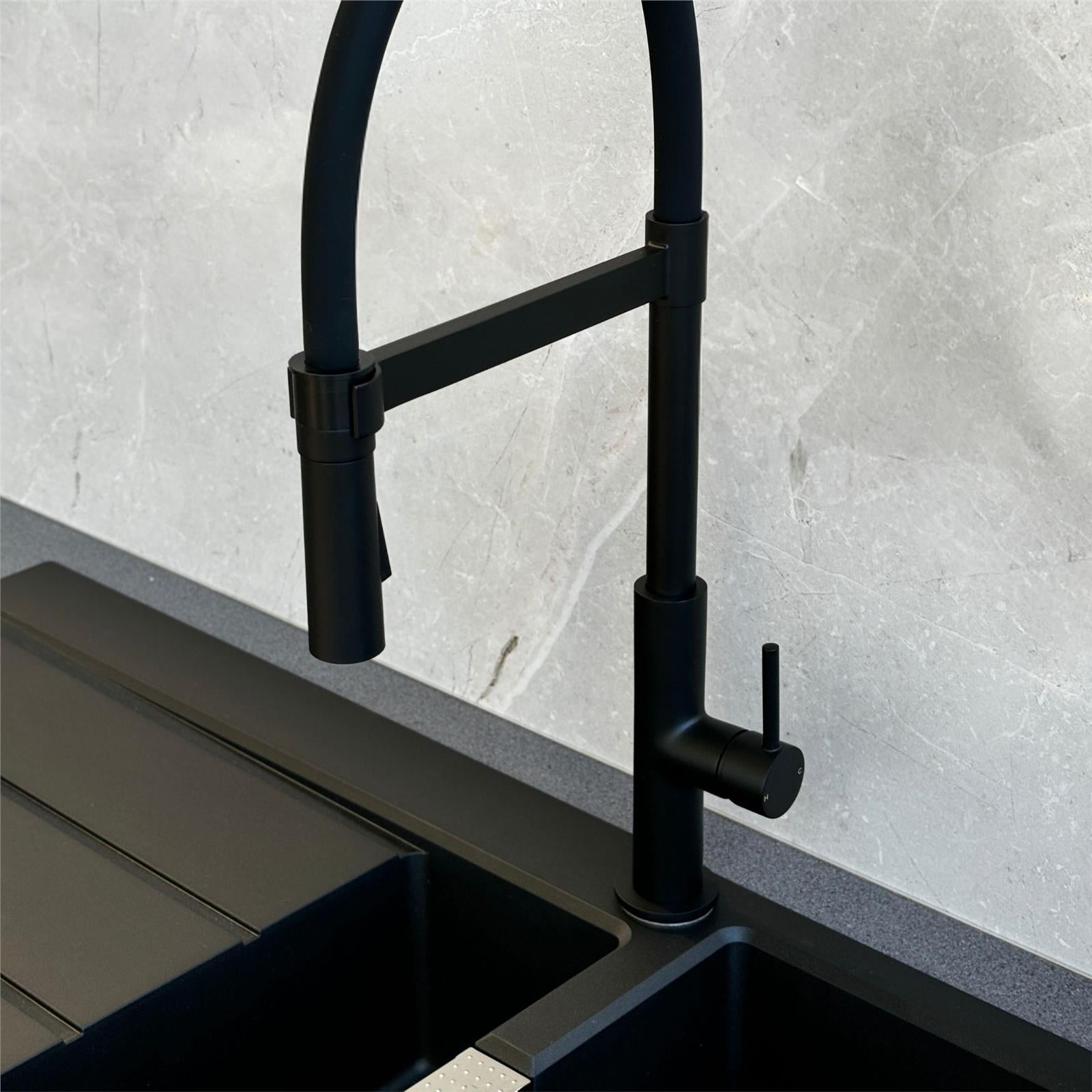 Liquida W24MB S shape Swan Neck 360 Degree Swivel Matt Black Kitchen Tap