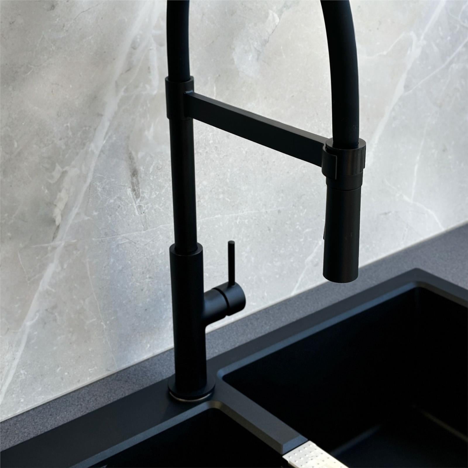 Liquida W24MB S shape Swan Neck 360 Degree Swivel Matt Black Kitchen Tap