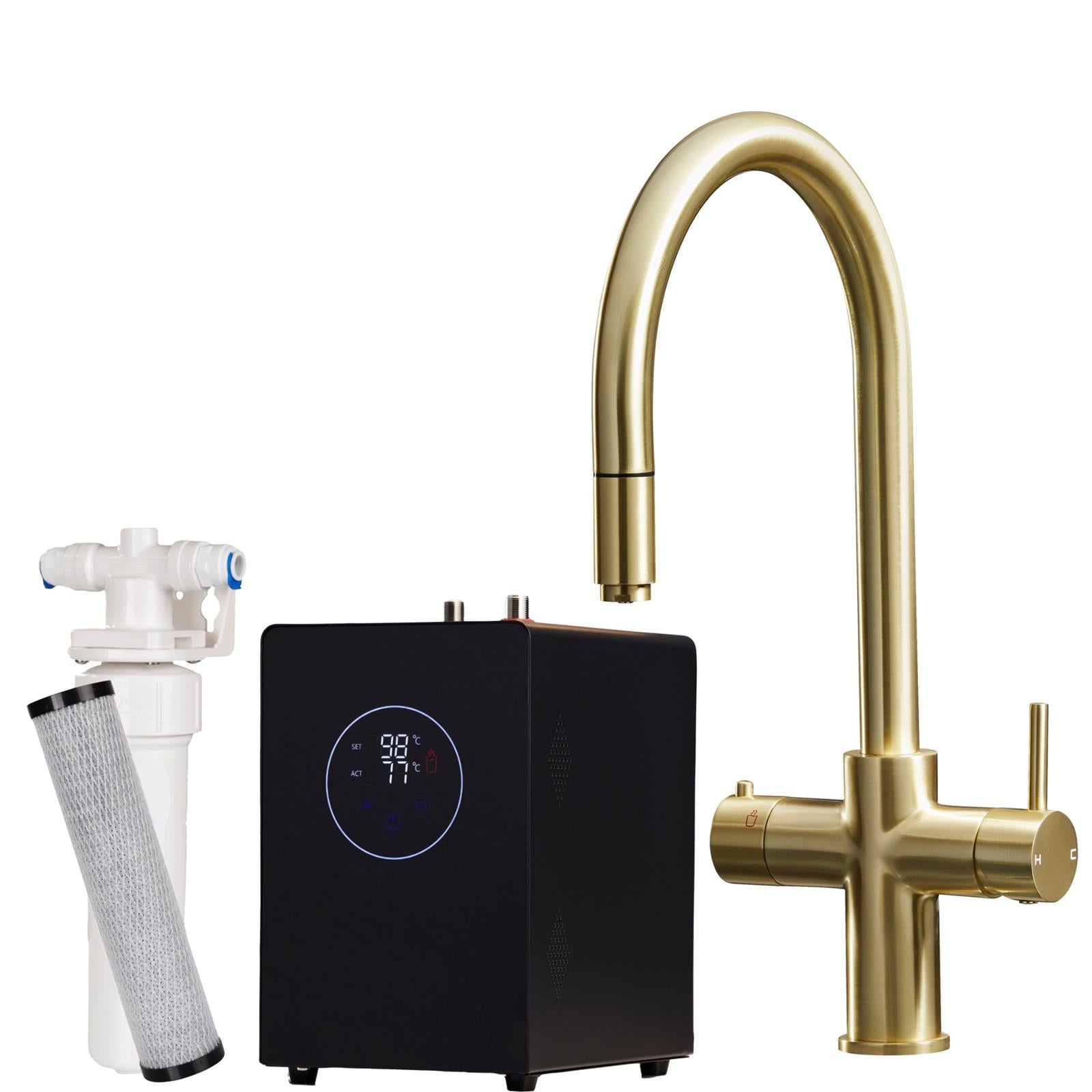 Liquida HT35BG 3 In 1 Pull Out Spray Gold Instant Boiling Water Kitchen Tap