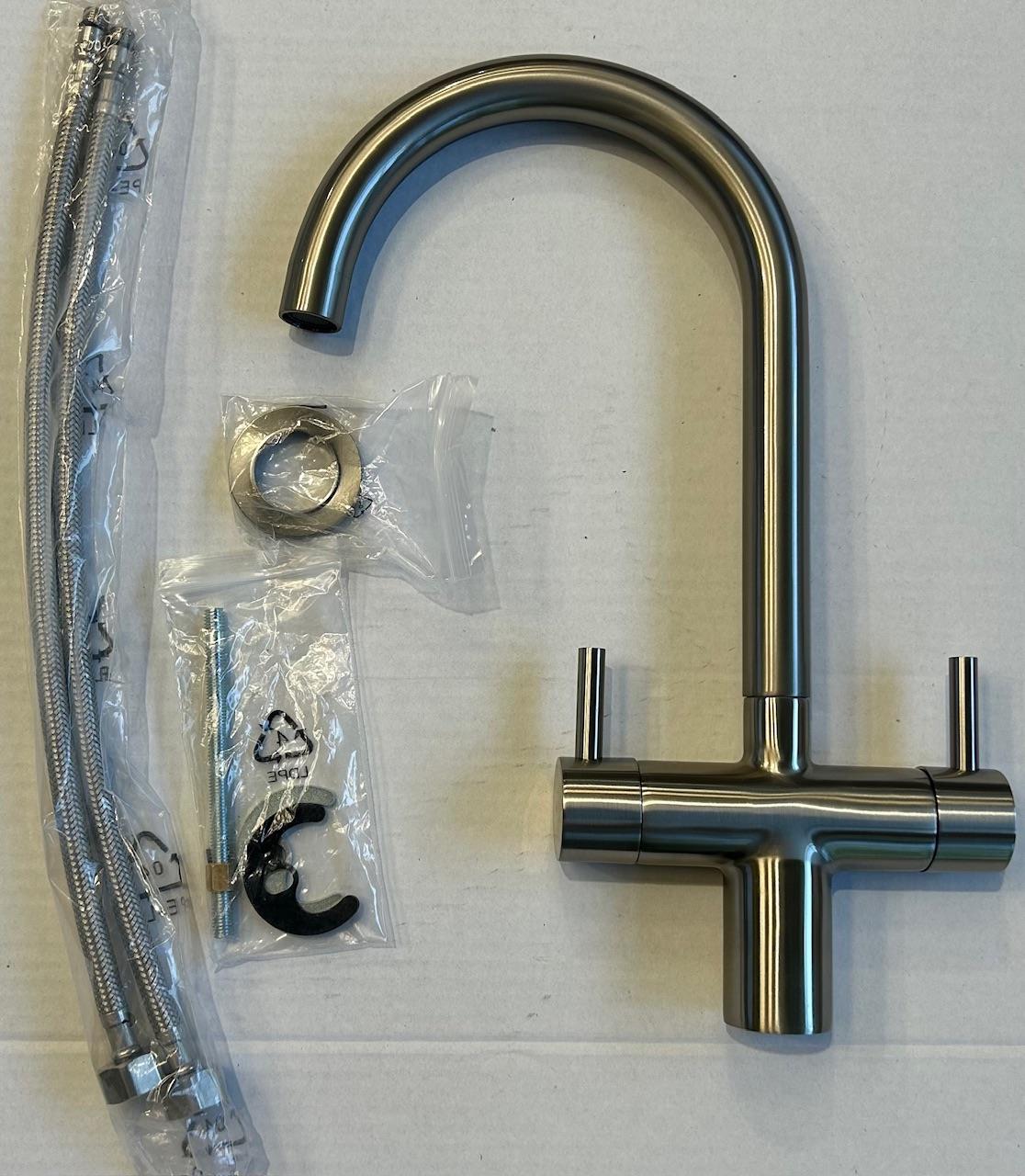 Liquida W03BN Brushed Nickel Swan Neck Twin Lever Kitchen Mixer Tap - GRADED