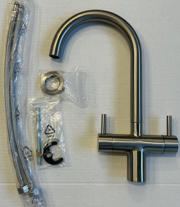Liquida W03BN Brushed Nickel Swan Neck Twin Lever Kitchen Mixer Tap - GRADED