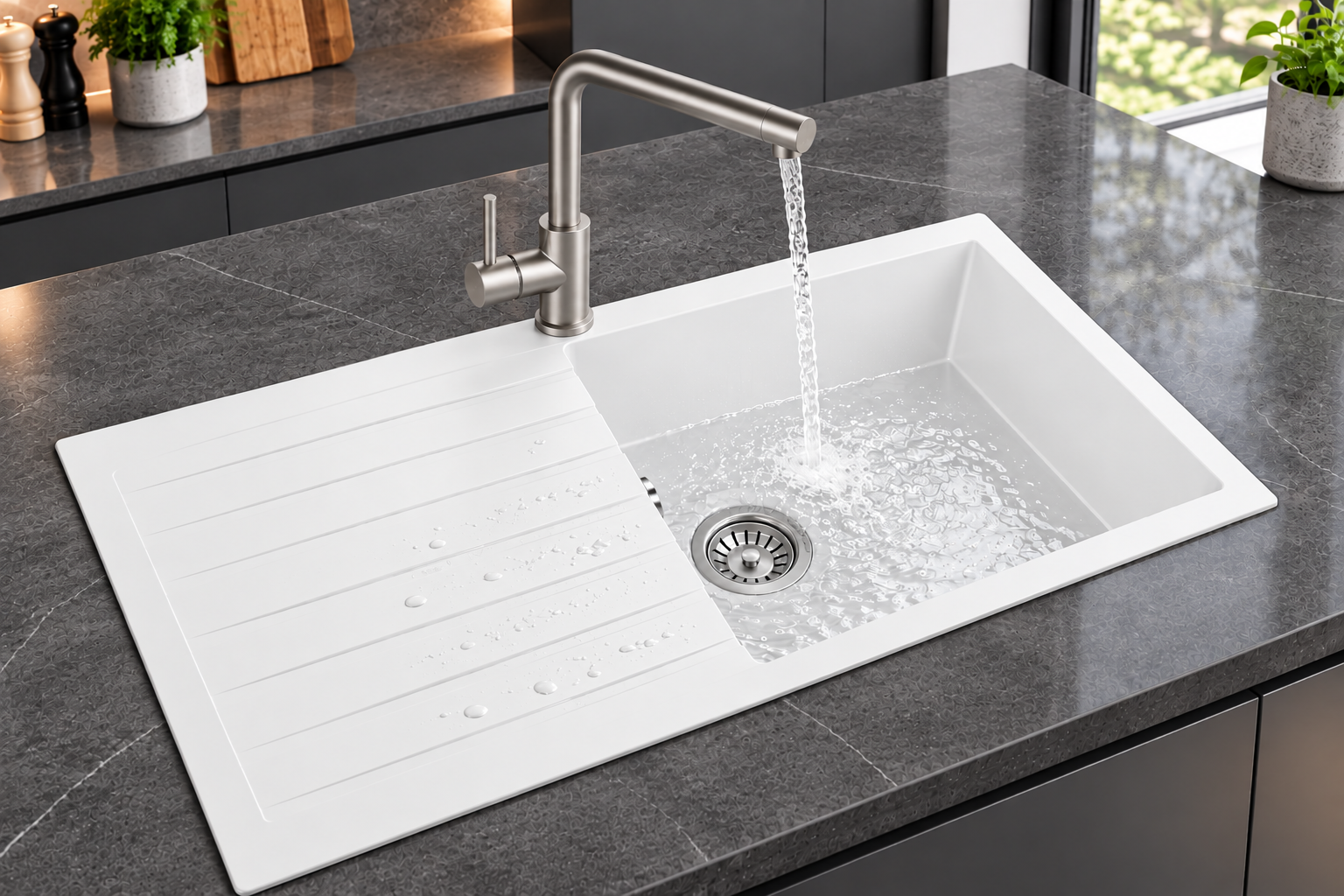 Liquida GRN100WH 1.0 Bowl White Granite Reversible Kitchen Sink With Waste