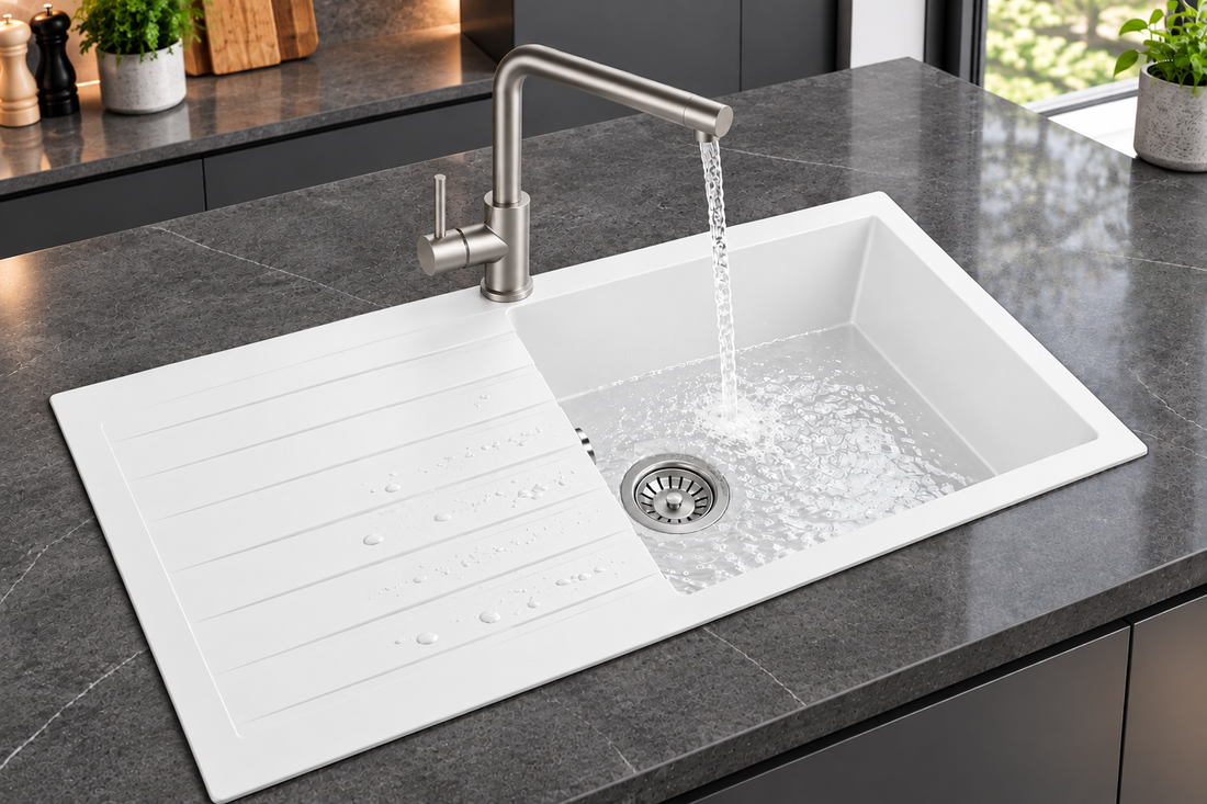 Liquida GRN100WH 1.0 Bowl White Granite Reversible Kitchen Sink With Waste