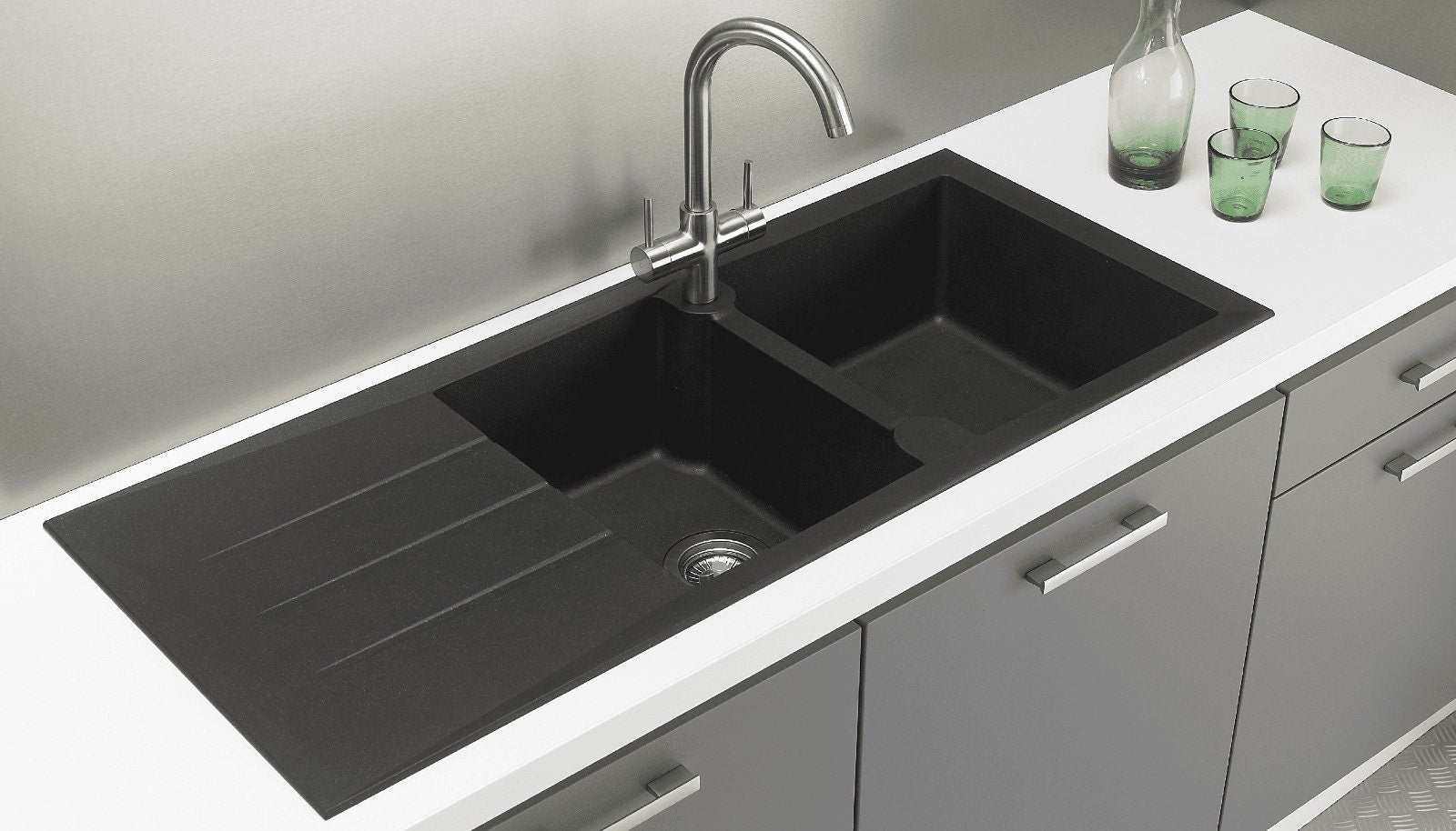 Liquida LP20BL 2.0 Bowl Composite Reversible Inset Black Kitchen Sink With Waste