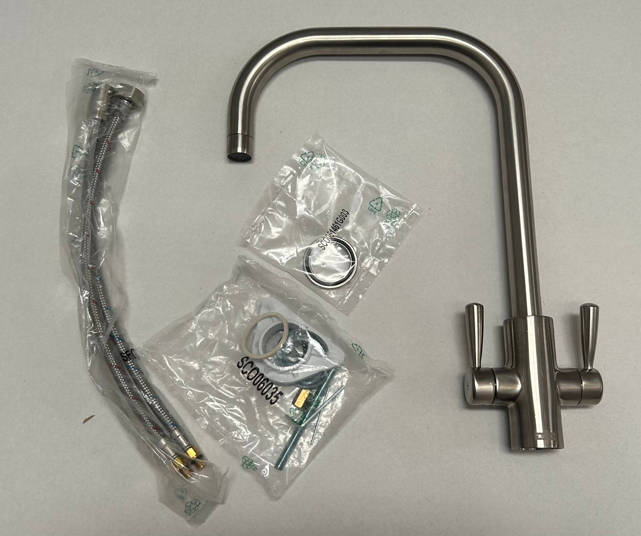 Franke Ascona USS Spout Silk Steel Kitchen Tap Twin Lever Swivel Mixer - GRADED