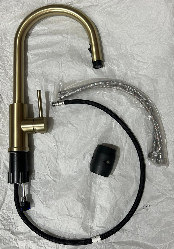 Liquida EPO11BR Brushed Brass Swan Neck Pull - Out Kitchen Tap - GRADED