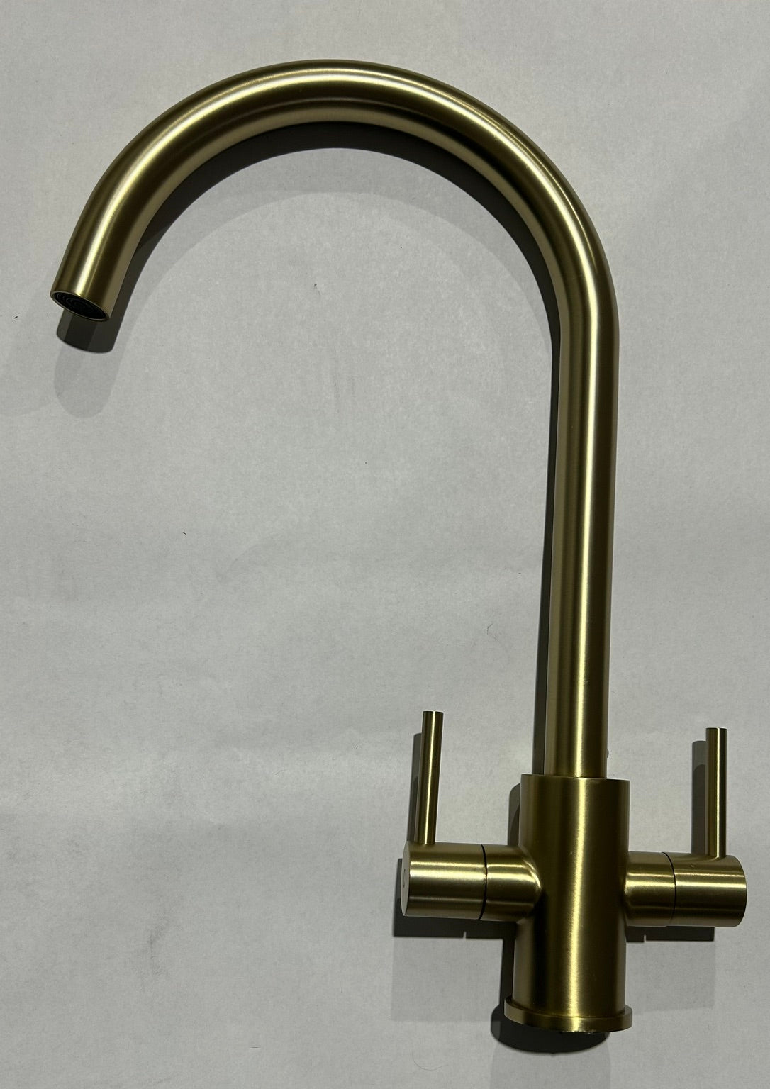Liquida AD399BR Brushed Brass Swan Neck Twin Lever Kitchen Tap - GRADED