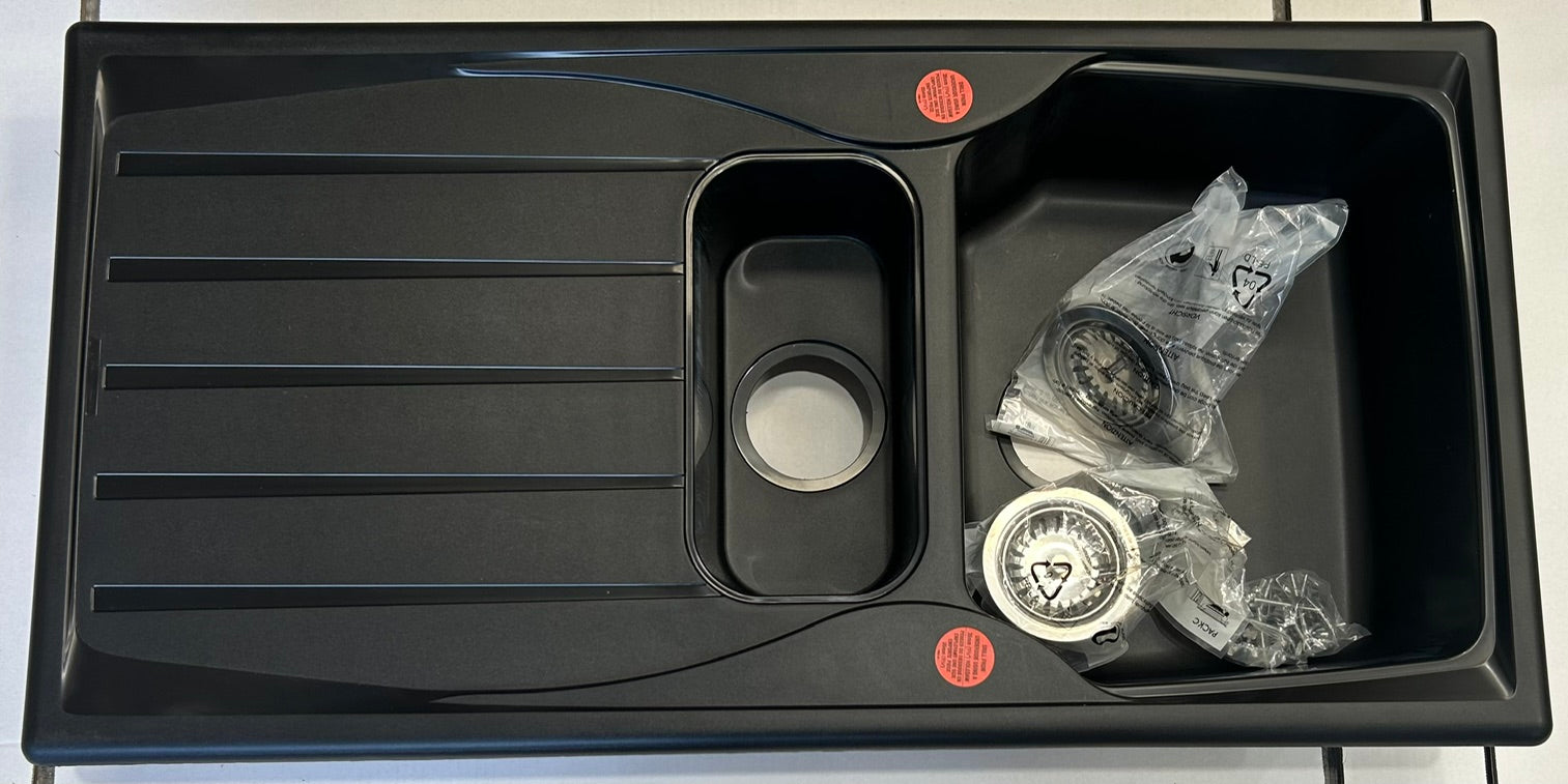 Liquida CMP15BL 1.5 Bowl Reversible Black Kitchen Sink And Waste Kit - GRADED